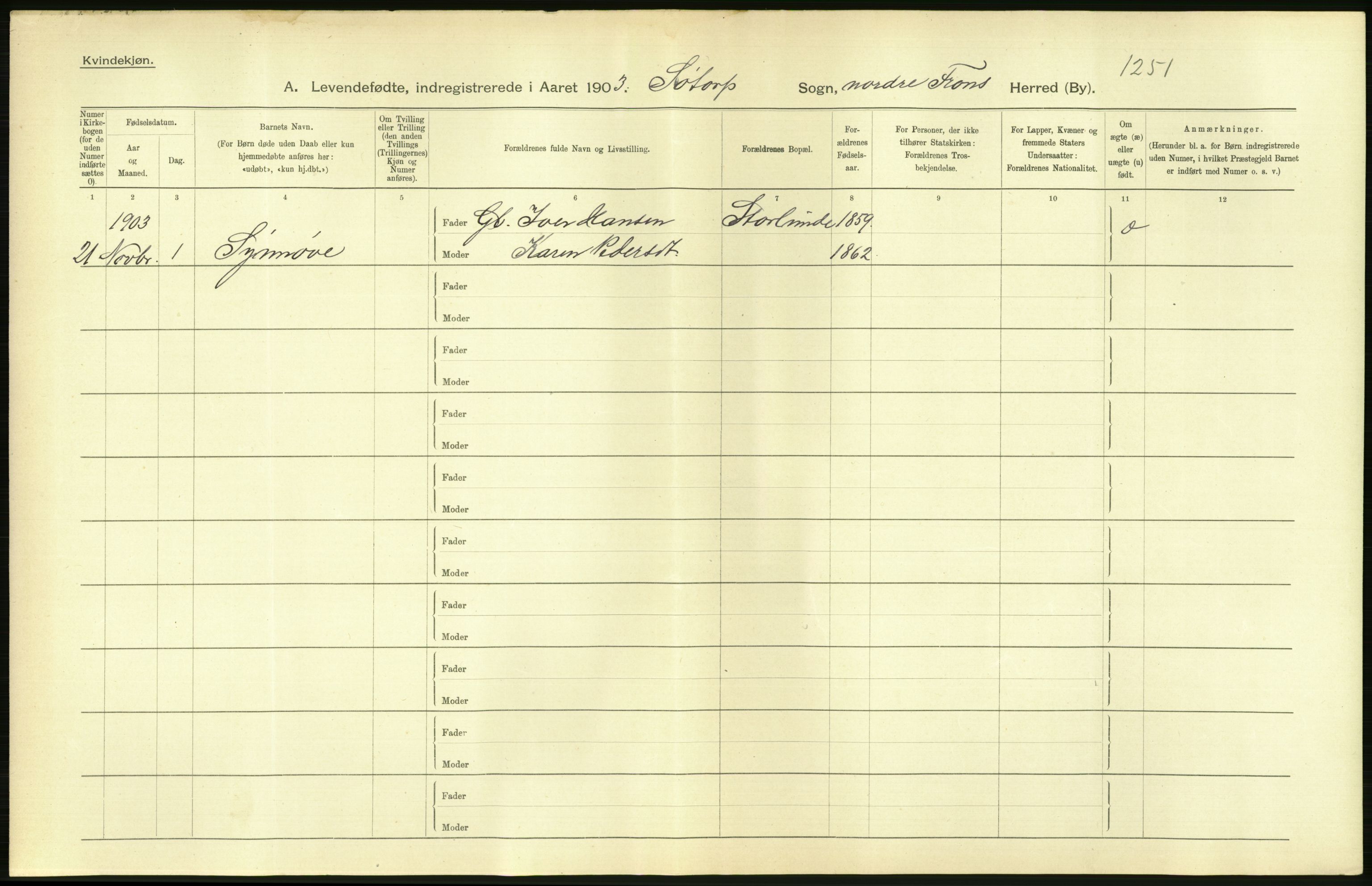 Statistisk sentralbyrå, Sosiodemografiske emner, Befolkning, AV/RA-S-2228/D/Df/Dfa/Dfaa/L0006: Kristians amt: Fødte, gifte, døde, 1903, p. 52