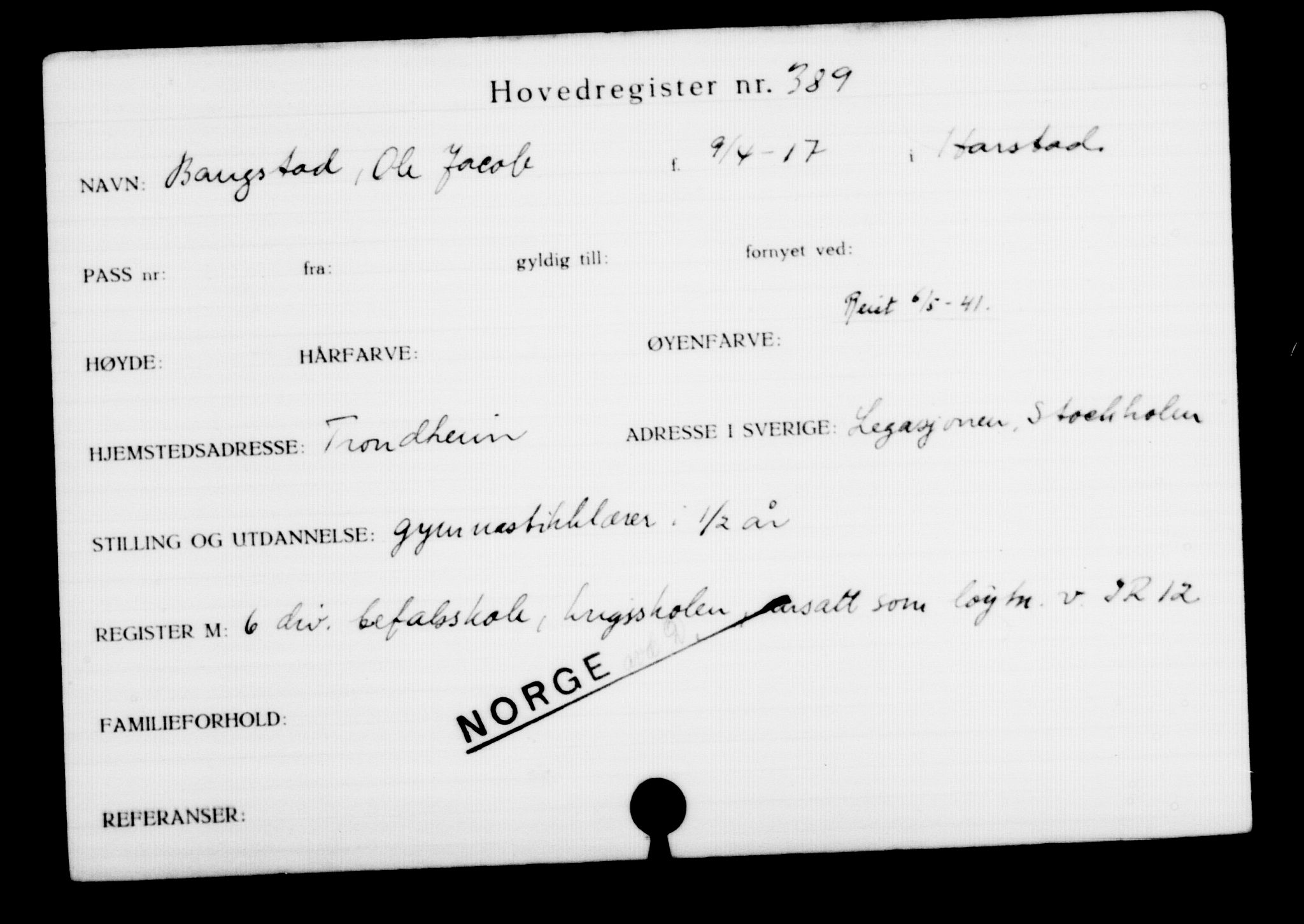 Utenriksstasjonene, Legasjonen i Stockholm, Flyktningkontoret, AV/RA-S-6753/V/Va/L0001: Kjesäterkartoteket, flyktninger med registreringsnr. 1-1000, 1940-1945, p. 611