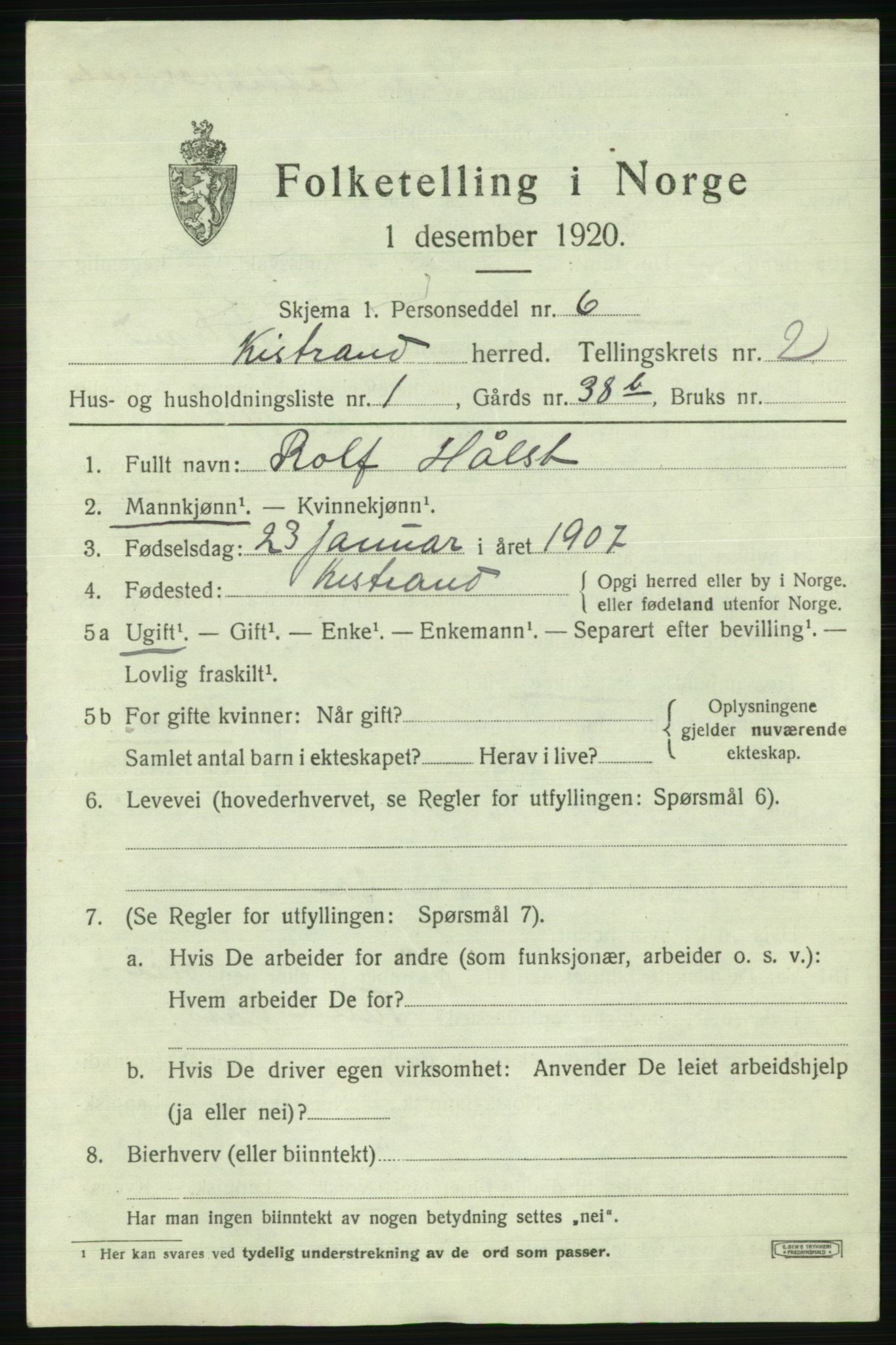 SATØ, 1920 census for Kistrand, 1920, p. 1500