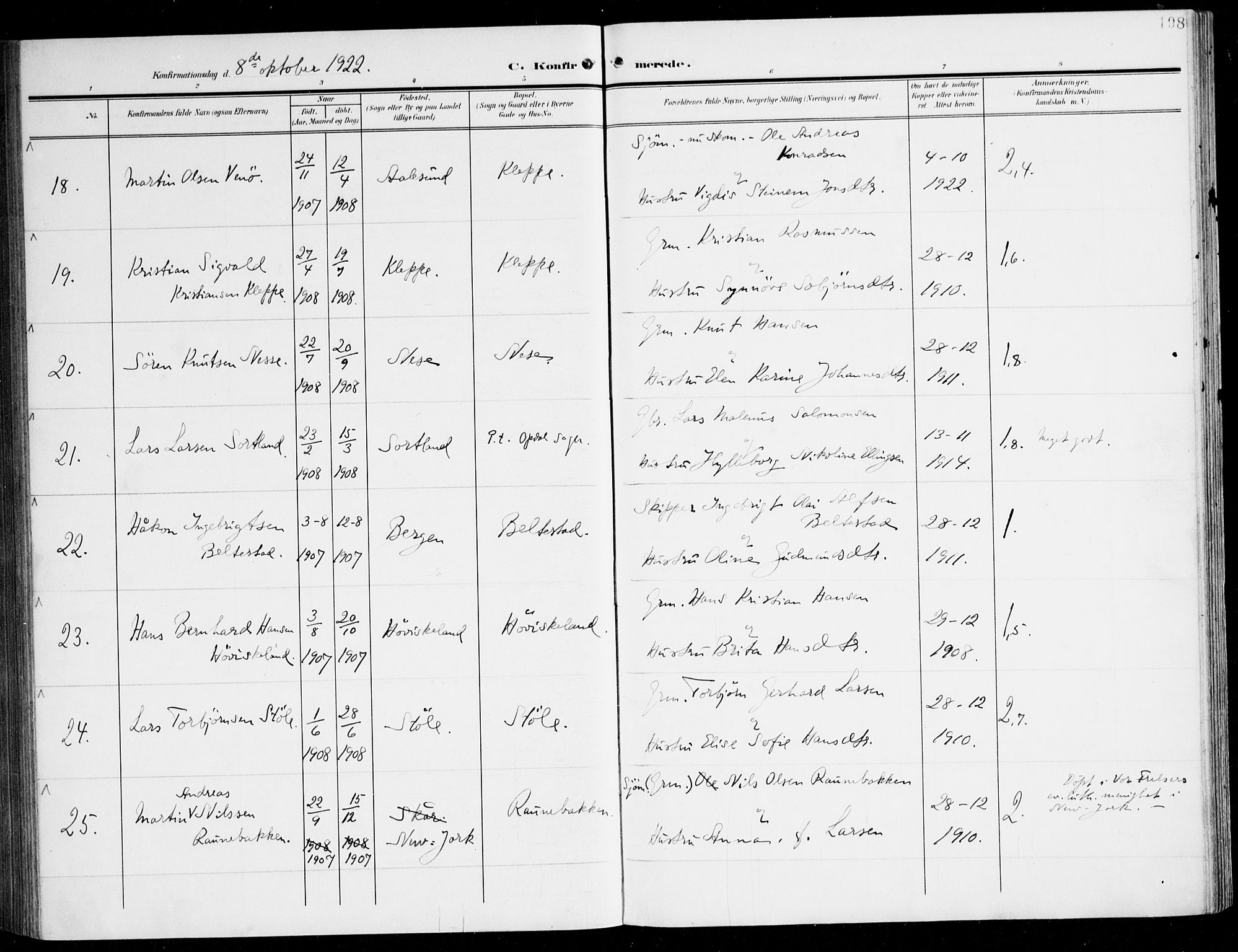 Tysnes sokneprestembete, AV/SAB-A-78601/H/Haa: Parish register (official) no. D 2, 1905-1922, p. 198