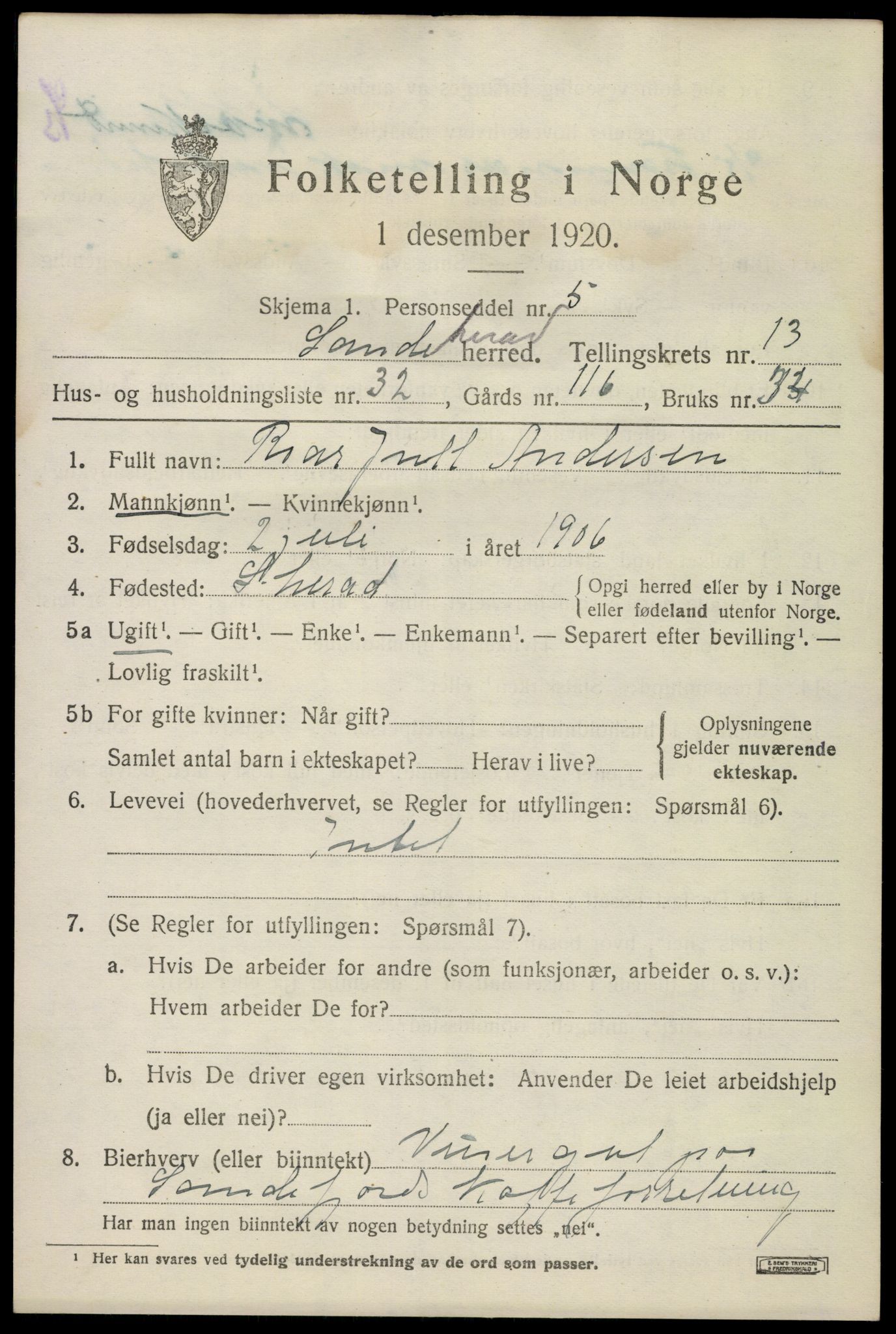 SAKO, 1920 census for Sandeherred, 1920, p. 19674