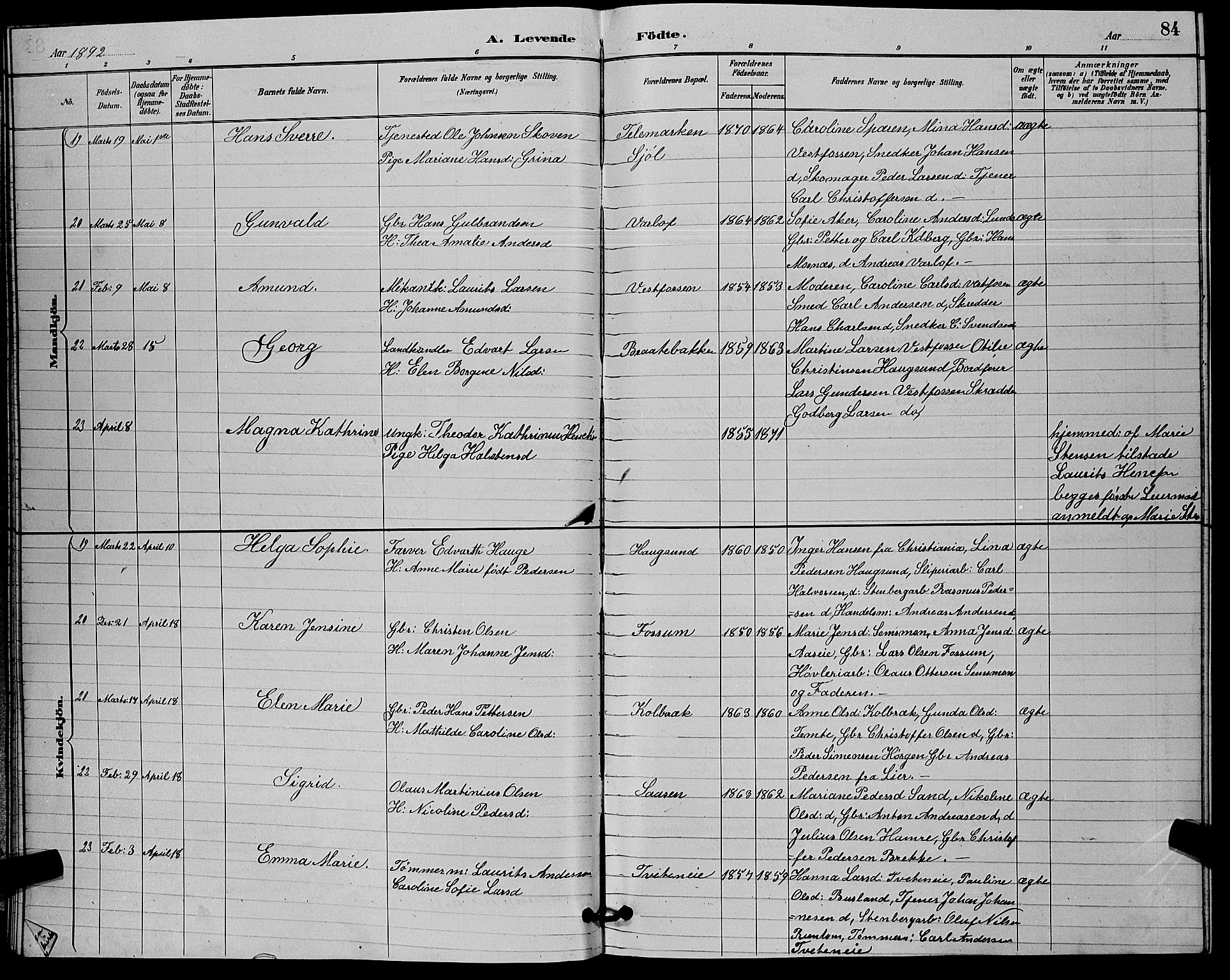 Eiker kirkebøker, AV/SAKO-A-4/G/Ga/L0006: Parish register (copy) no. I 6, 1885-1893, p. 84