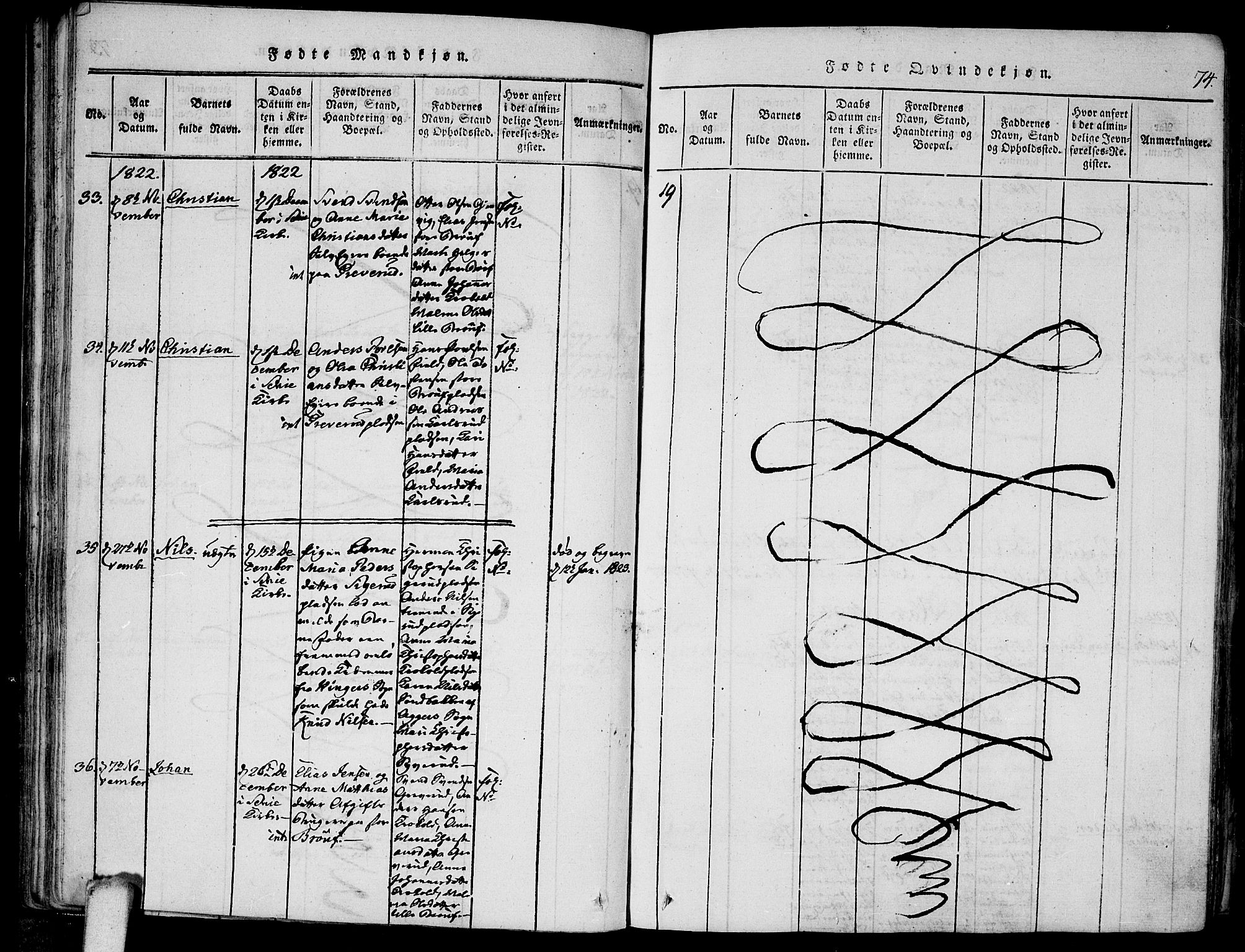 Kråkstad prestekontor Kirkebøker, SAO/A-10125a/F/Fa/L0003: Parish register (official) no. I 3, 1813-1824, p. 74