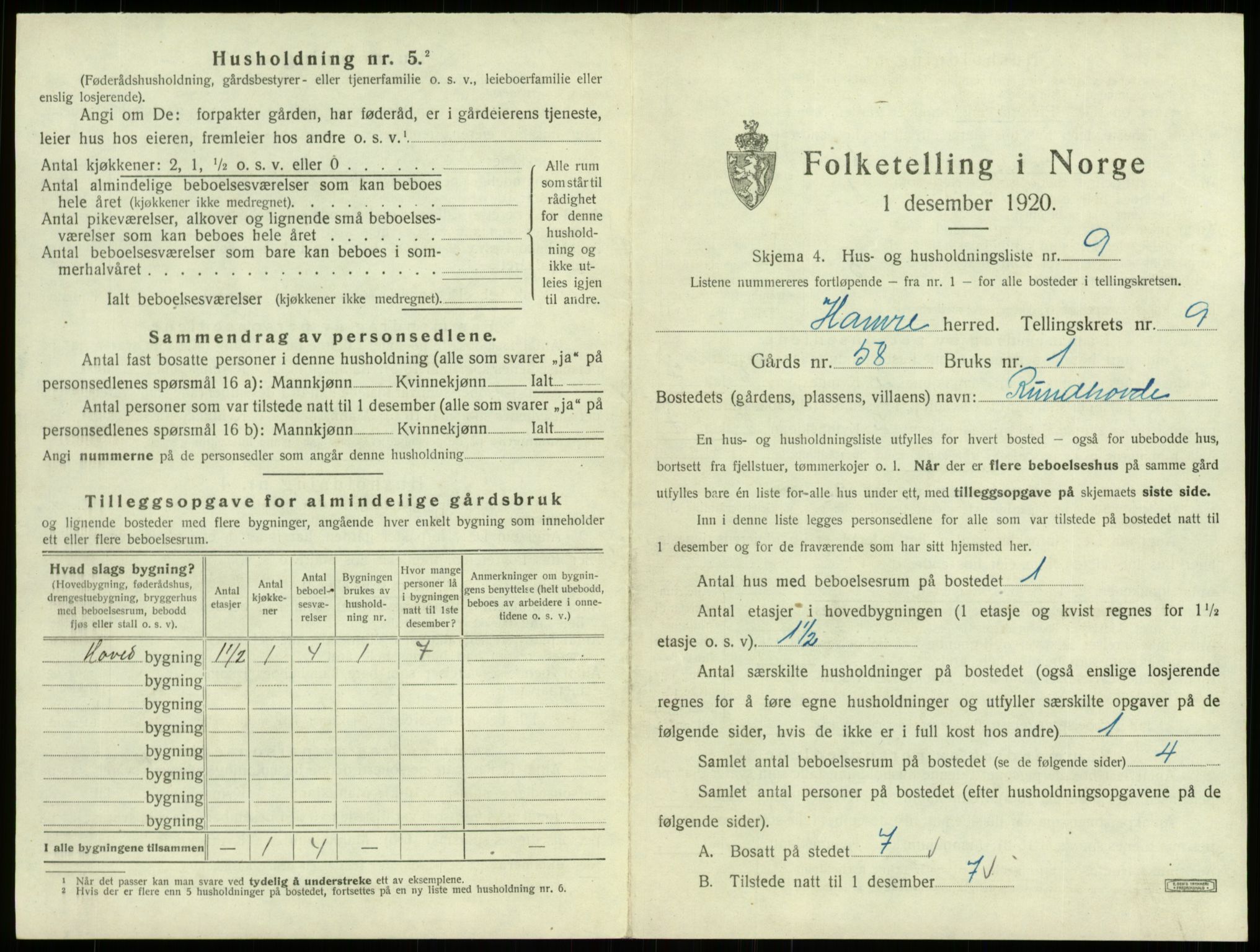 SAB, 1920 census for Hamre, 1920, p. 728