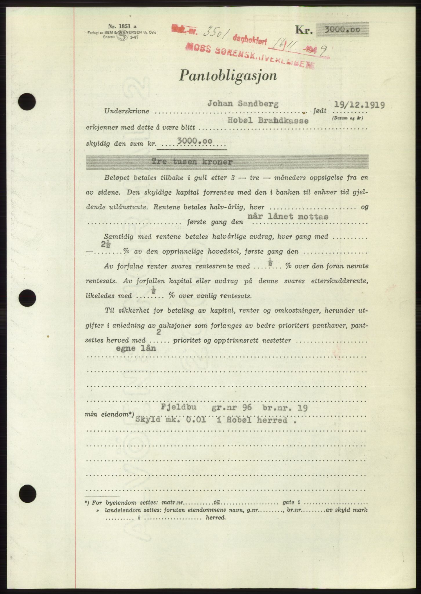 Moss sorenskriveri, SAO/A-10168: Mortgage book no. B23, 1949-1950, Diary no: : 3501/1949