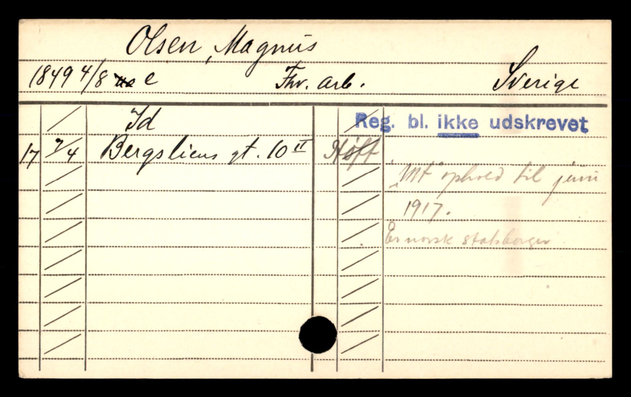 Oslo folkeregister, Registerkort, SAO/A-11715/D/De/L0006: Menn: Olsen Magnus - Solløs Martin, 1906-1918