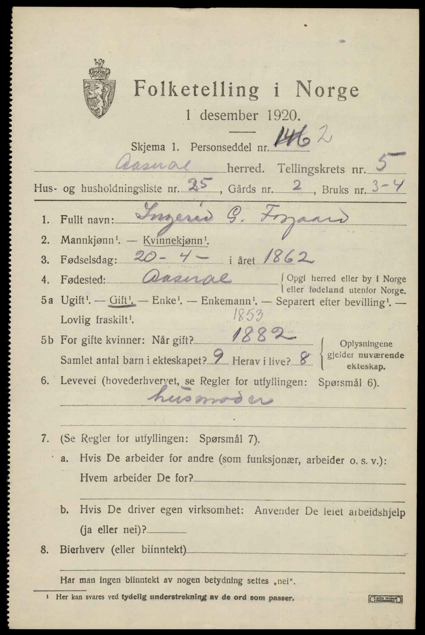 SAK, 1920 census for Åseral, 1920, p. 1754