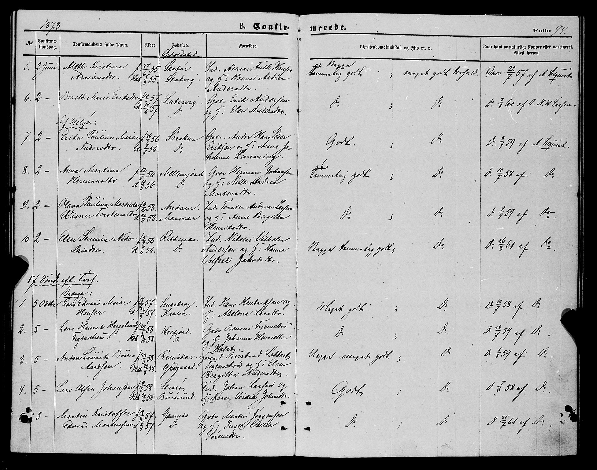 Karlsøy sokneprestembete, SATØ/S-1299/H/Ha/Haa/L0005kirke: Parish register (official) no. 5, 1872-1878, p. 94