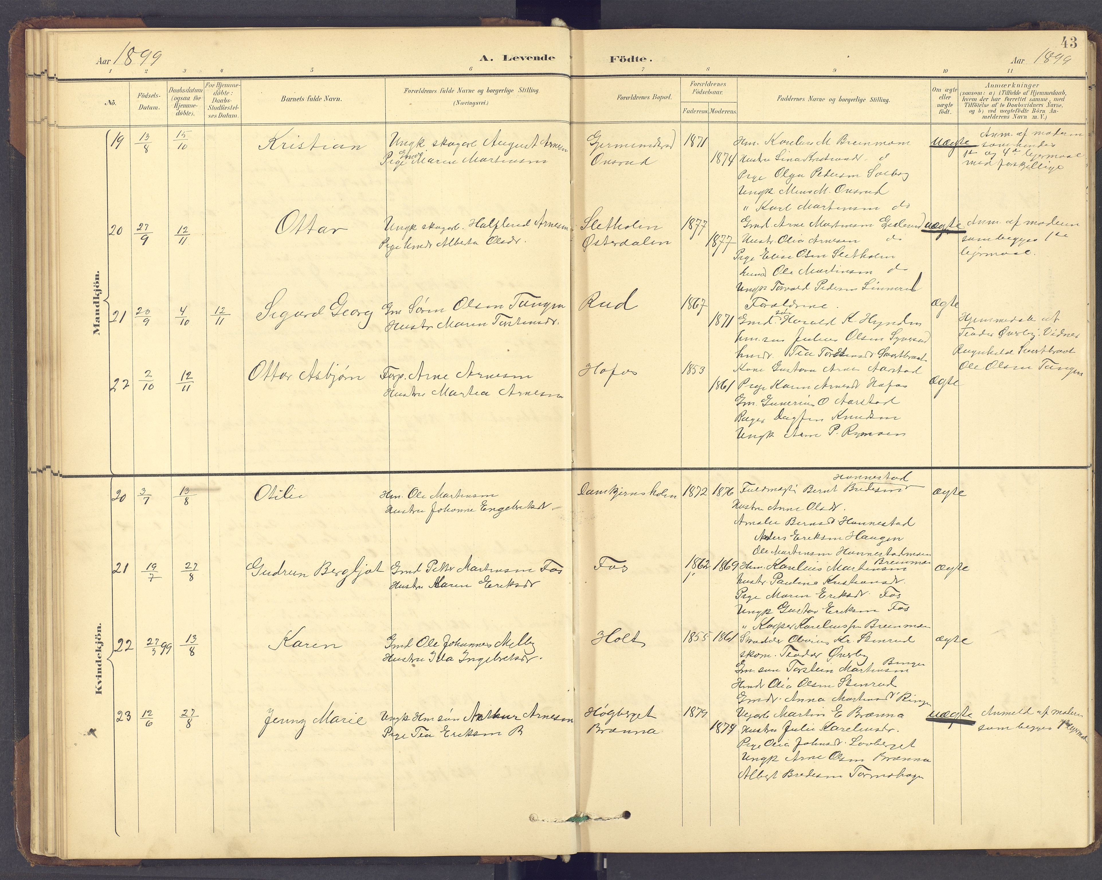 Brandval prestekontor, SAH/PREST-034/H/Ha/Hab/L0002: Parish register (copy) no. 2, 1895-1904, p. 43