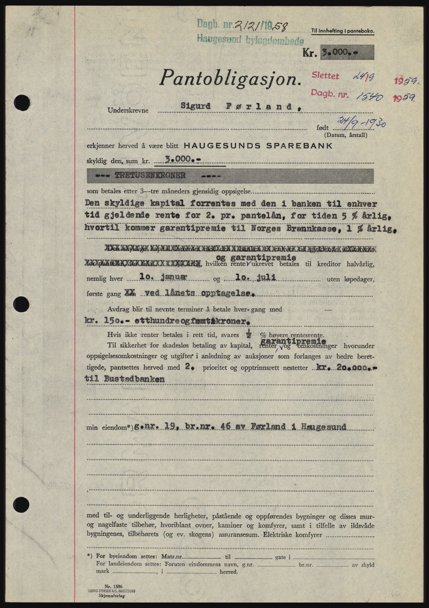 Haugesund tingrett, SAST/A-101415/01/II/IIC/L0044: Mortgage book no. B 44, 1958-1959, Diary no: : 2121/1958