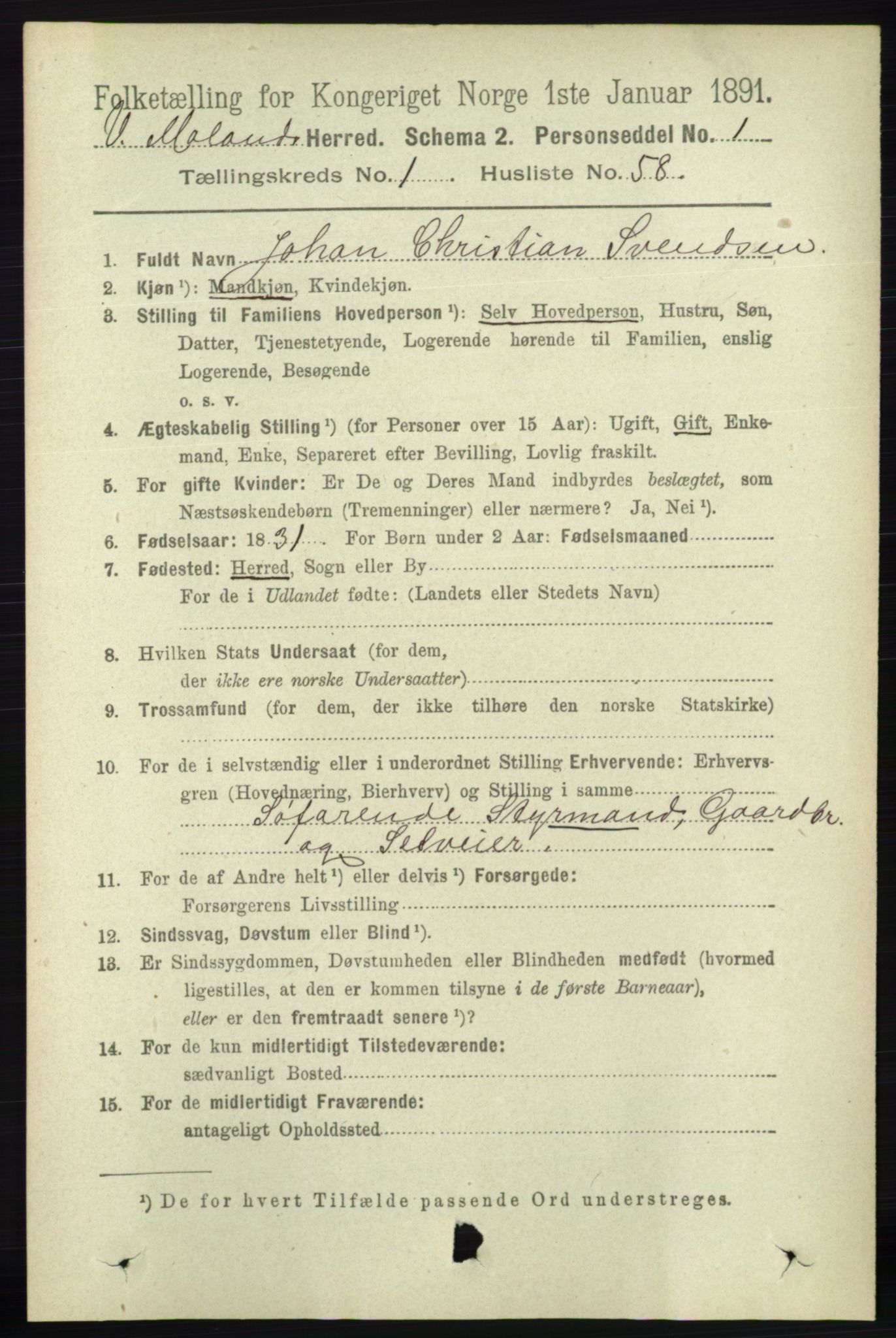 RA, 1891 census for 0926 Vestre Moland, 1891, p. 447