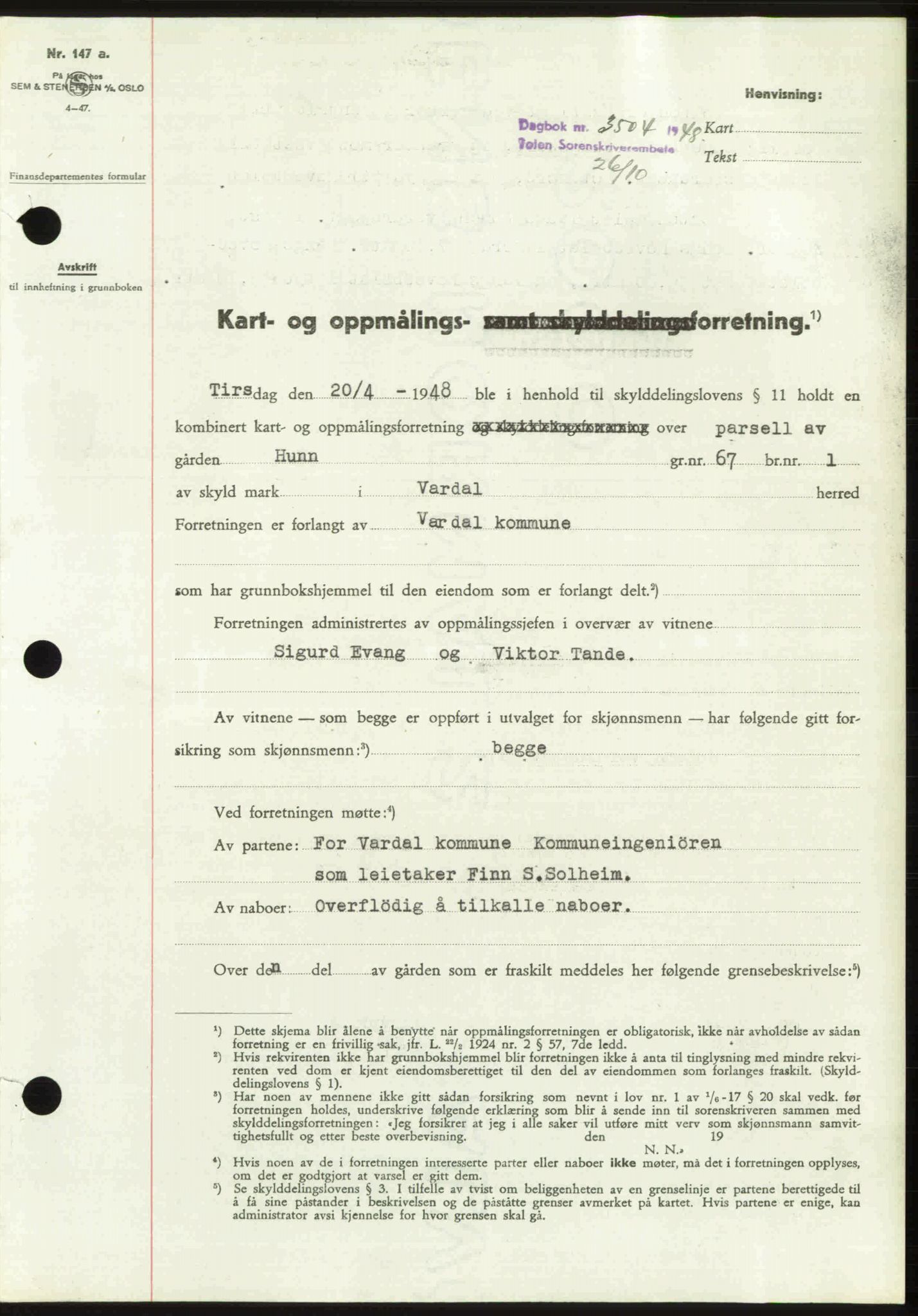 Toten tingrett, SAH/TING-006/H/Hb/Hbc/L0020: Mortgage book no. Hbc-20, 1948-1948, Diary no: : 3504/1948