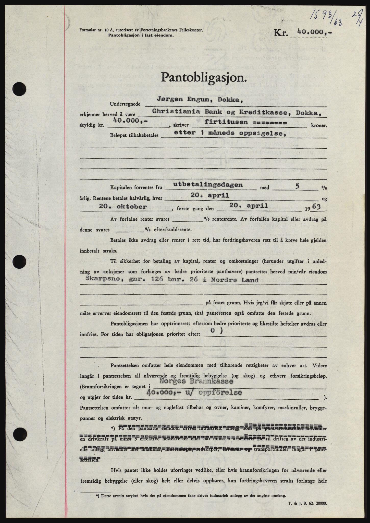 Hadeland og Land tingrett, AV/SAH-TING-010/H/Hb/Hbc/L0051: Mortgage book no. B51, 1963-1963, Diary no: : 1593/1963