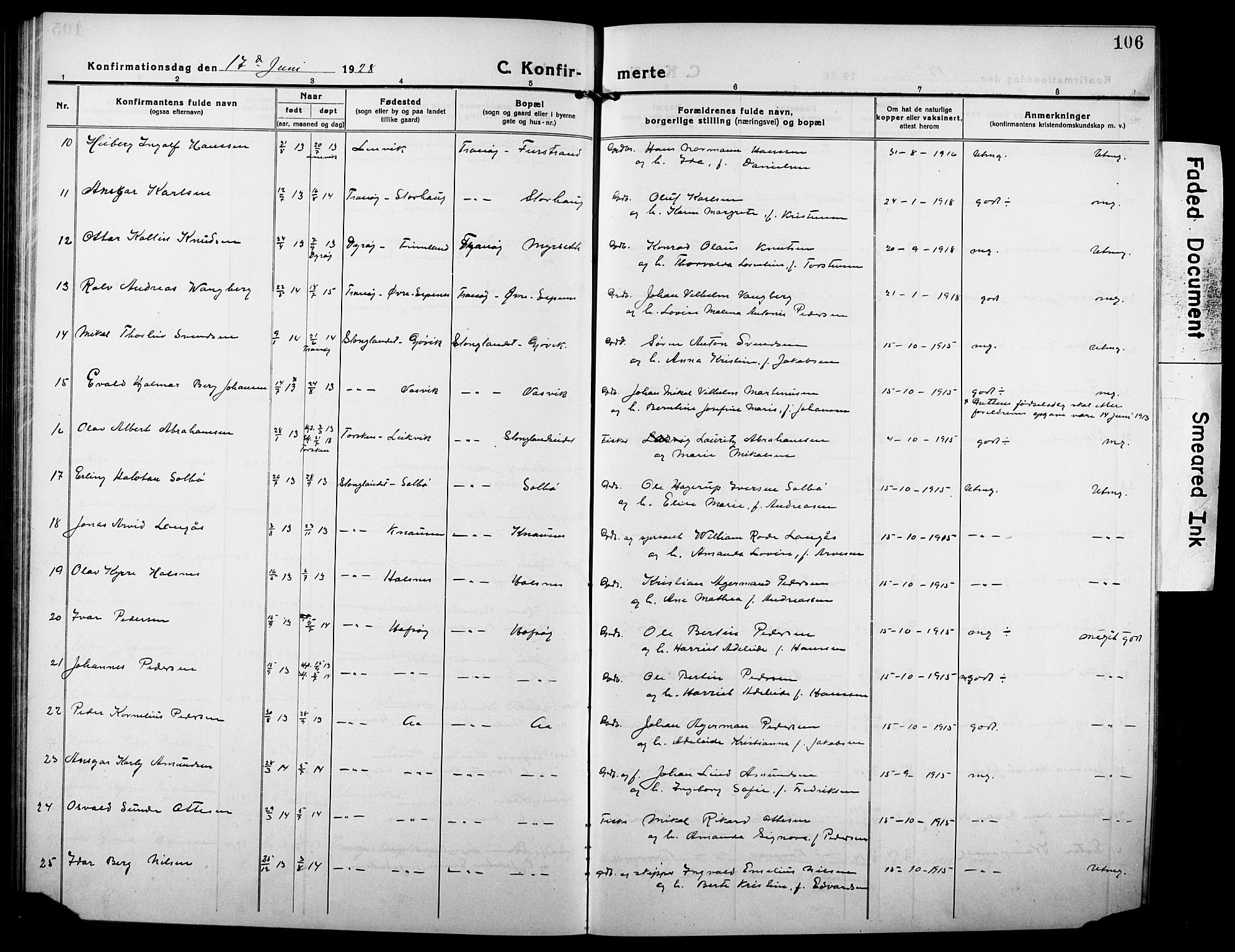 Tranøy sokneprestkontor, SATØ/S-1313/I/Ia/Iab/L0006klokker: Parish register (copy) no. 6, 1919-1932, p. 106