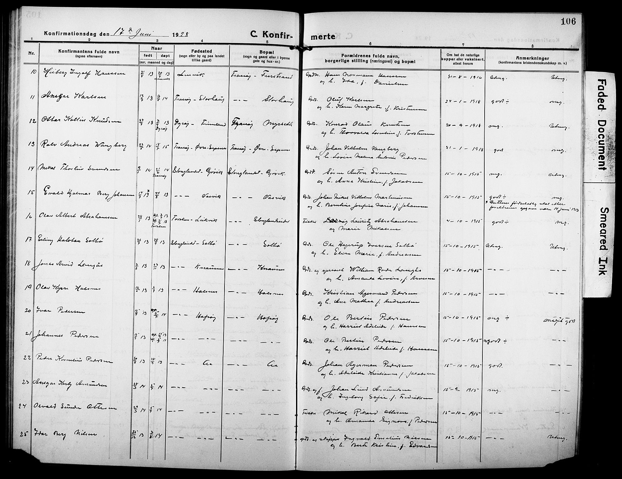 Tranøy sokneprestkontor, AV/SATØ-S-1313/I/Ia/Iab/L0006klokker: Parish register (copy) no. 6, 1919-1932, p. 106