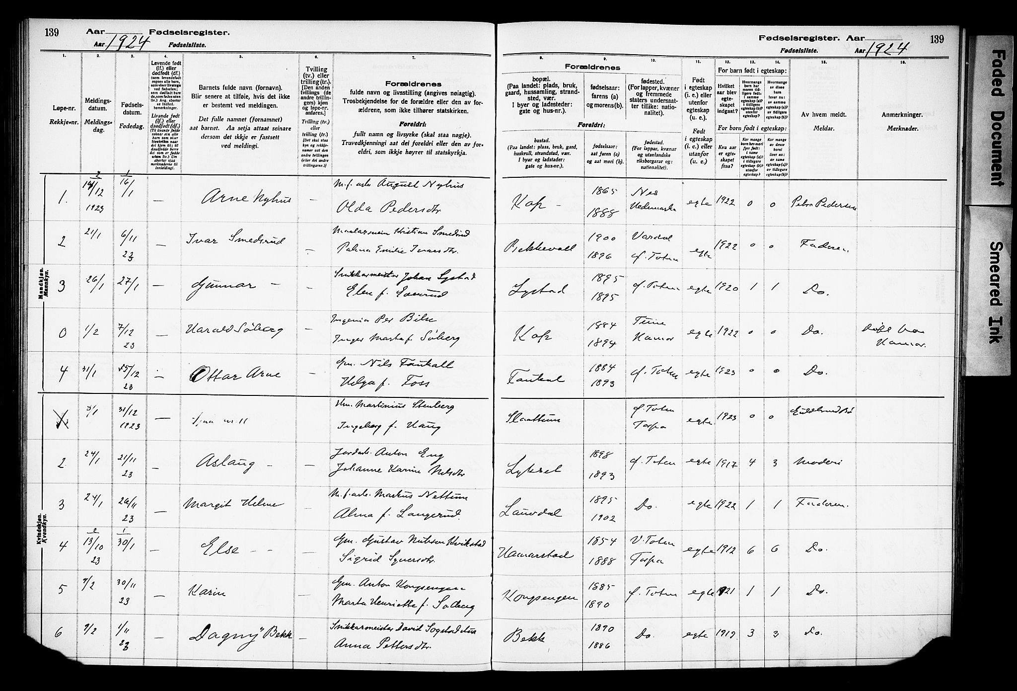 Østre Toten prestekontor, AV/SAH-PREST-104/I/Id/L0001/0001: Birth register no. 1.1, 1916-1928, p. 139