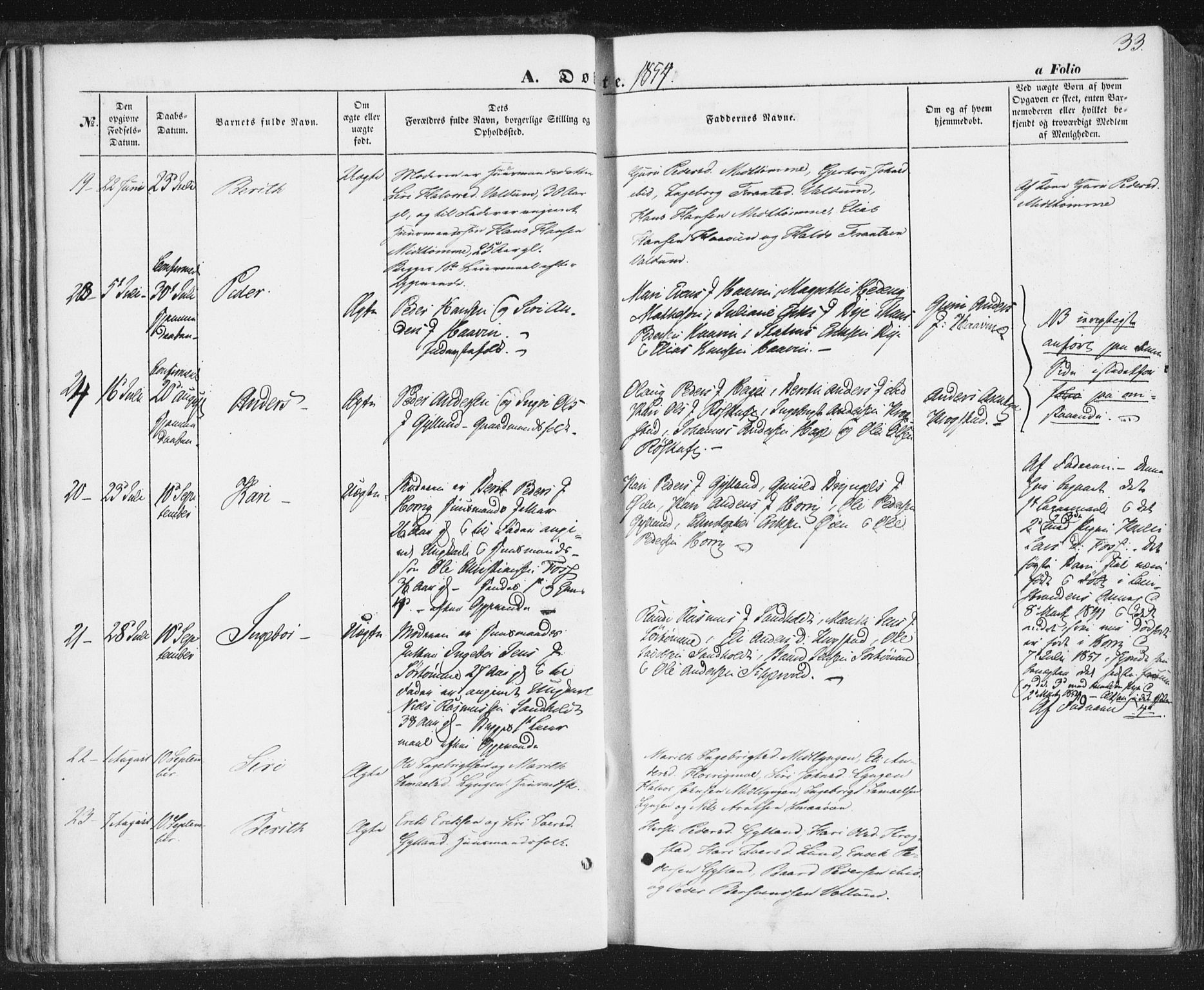Ministerialprotokoller, klokkerbøker og fødselsregistre - Sør-Trøndelag, SAT/A-1456/692/L1103: Parish register (official) no. 692A03, 1849-1870, p. 33