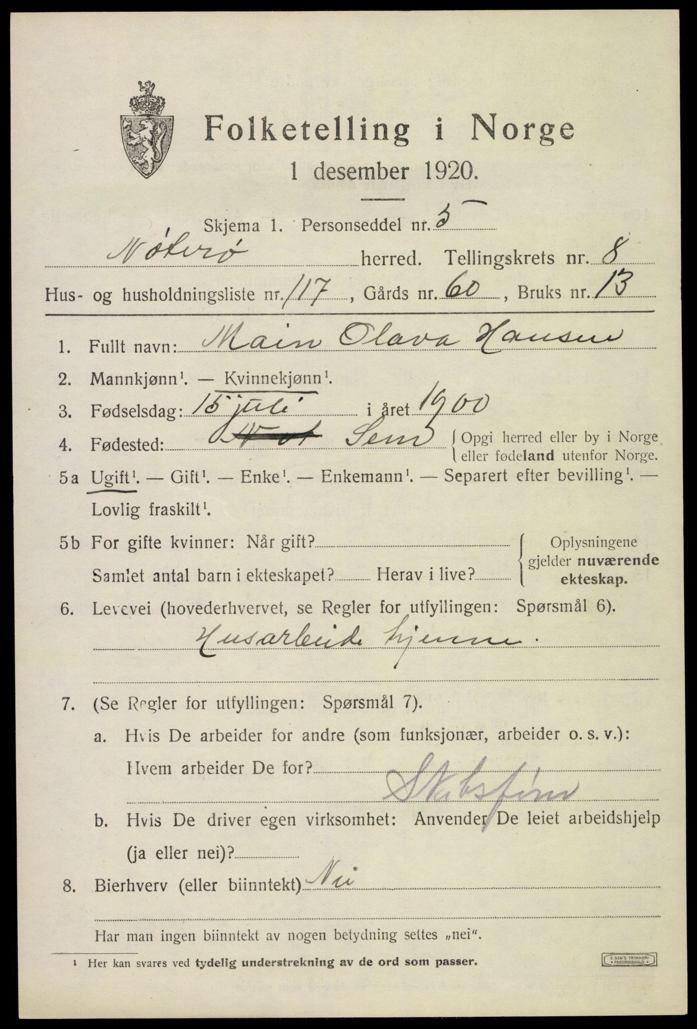 SAKO, 1920 census for Nøtterøy, 1920, p. 11489