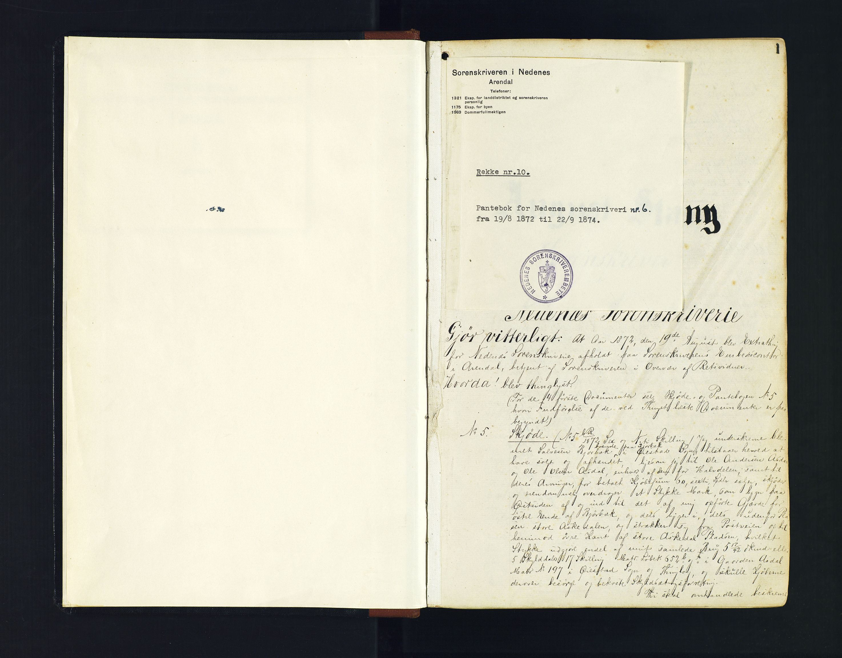 Nedenes sorenskriveri, SAK/1221-0006/G/Gb/Gba/L0009: Mortgage book no. 6, 1872-1874