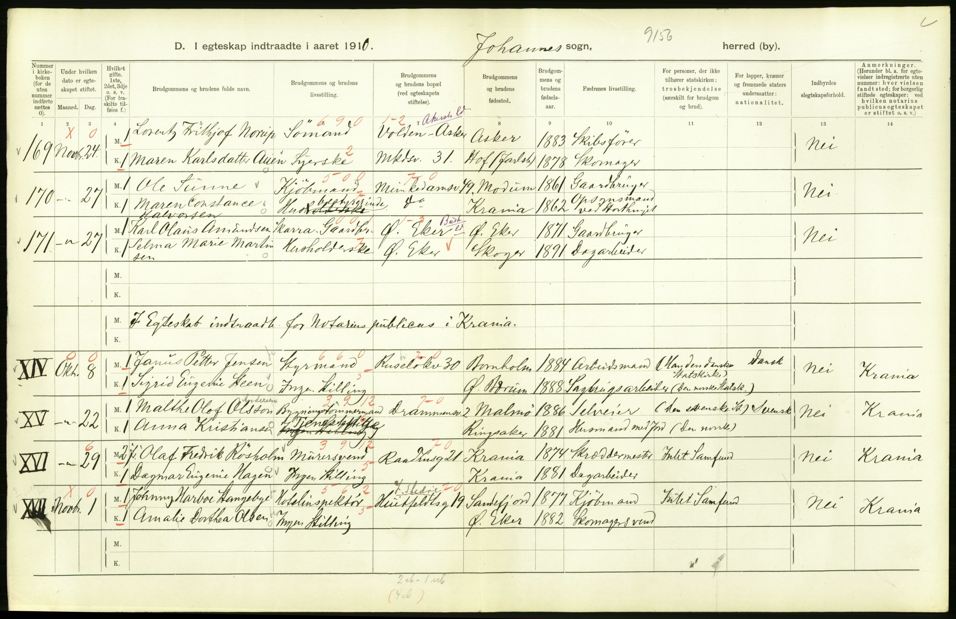 Statistisk sentralbyrå, Sosiodemografiske emner, Befolkning, AV/RA-S-2228/D/Df/Dfa/Dfah/L0009: Kristiania: Gifte og dødfødte., 1910, p. 194