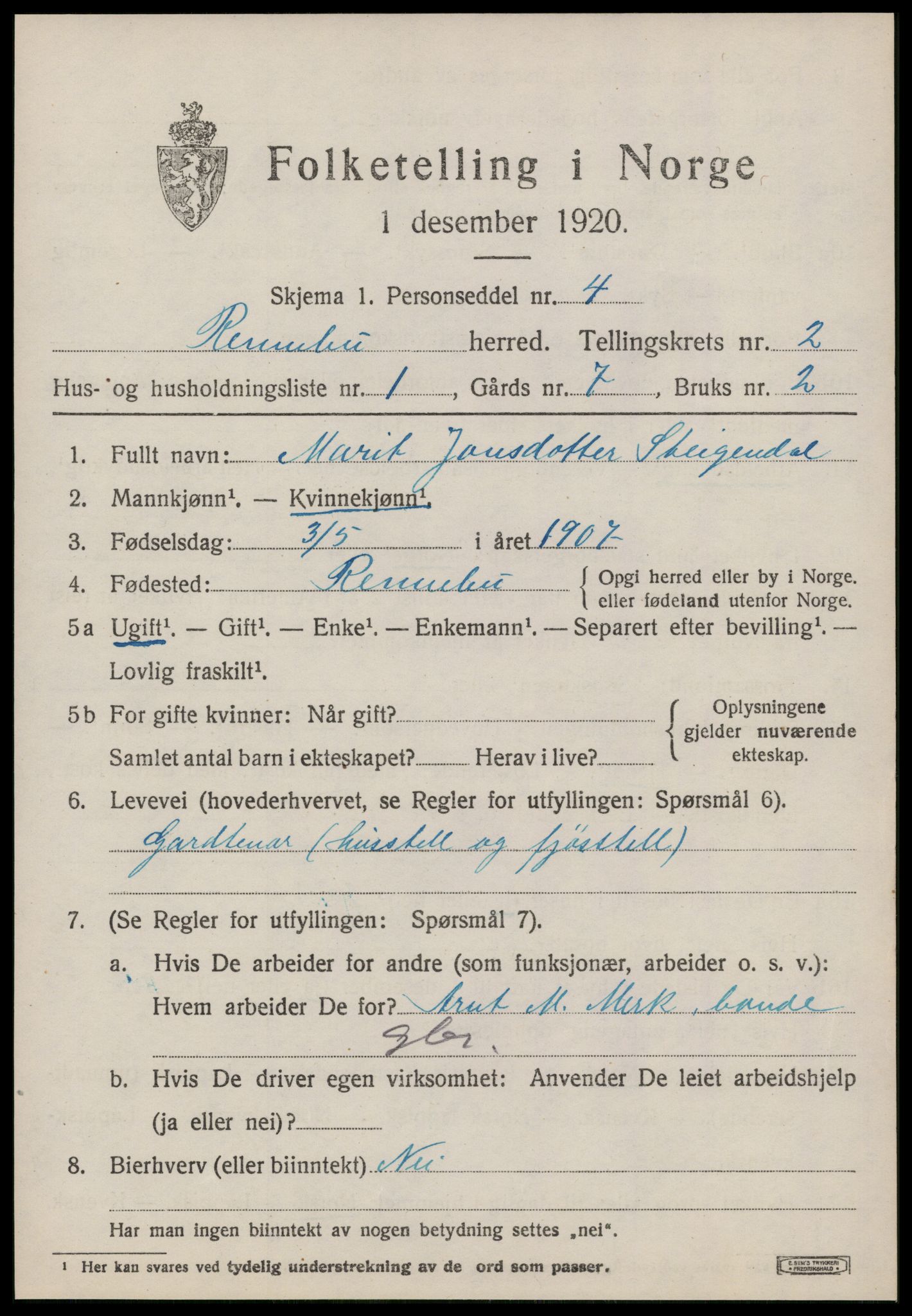 SAT, 1920 census for Rennebu, 1920, p. 1266