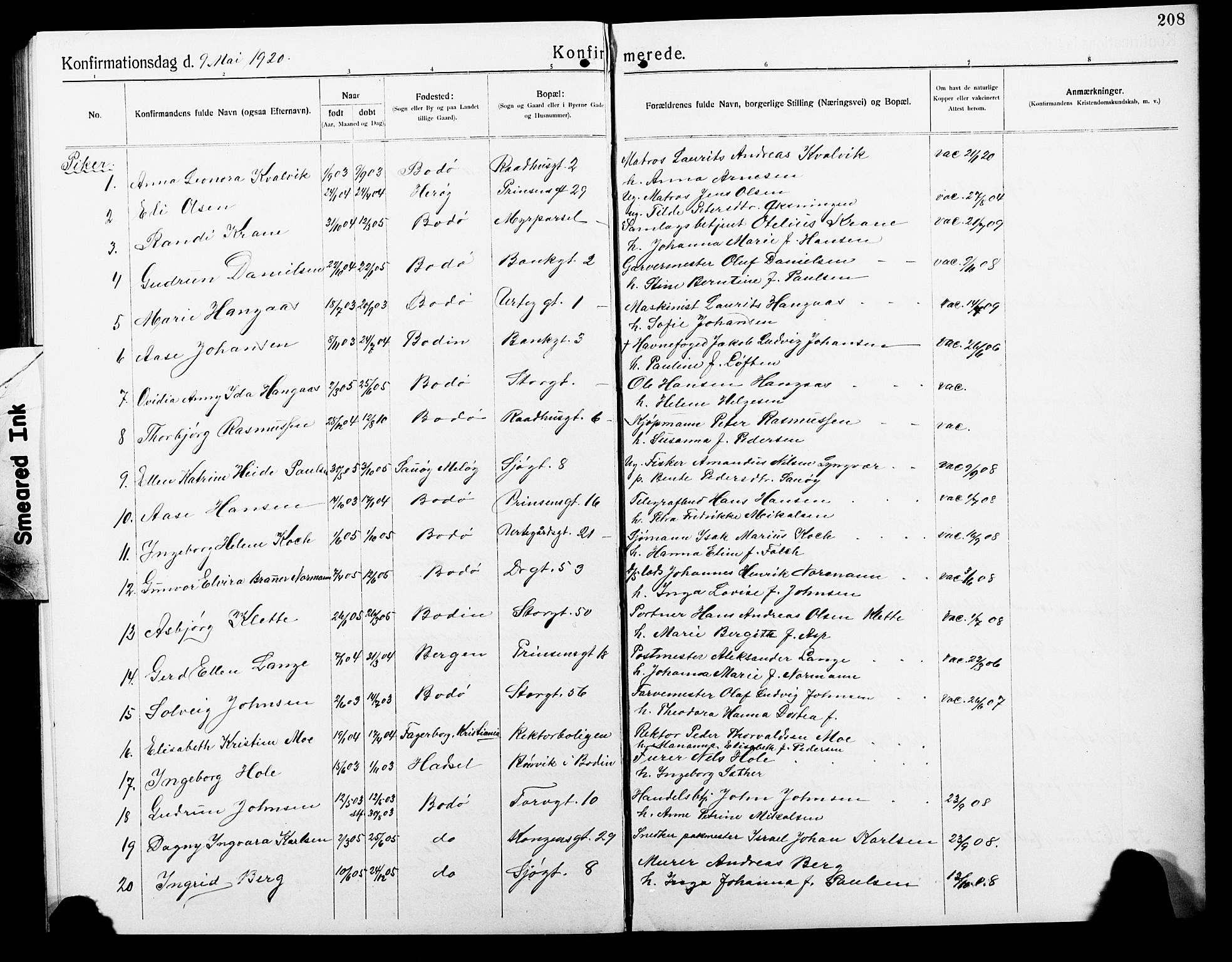 Ministerialprotokoller, klokkerbøker og fødselsregistre - Nordland, AV/SAT-A-1459/801/L0034: Parish register (copy) no. 801C09, 1910-1922, p. 208