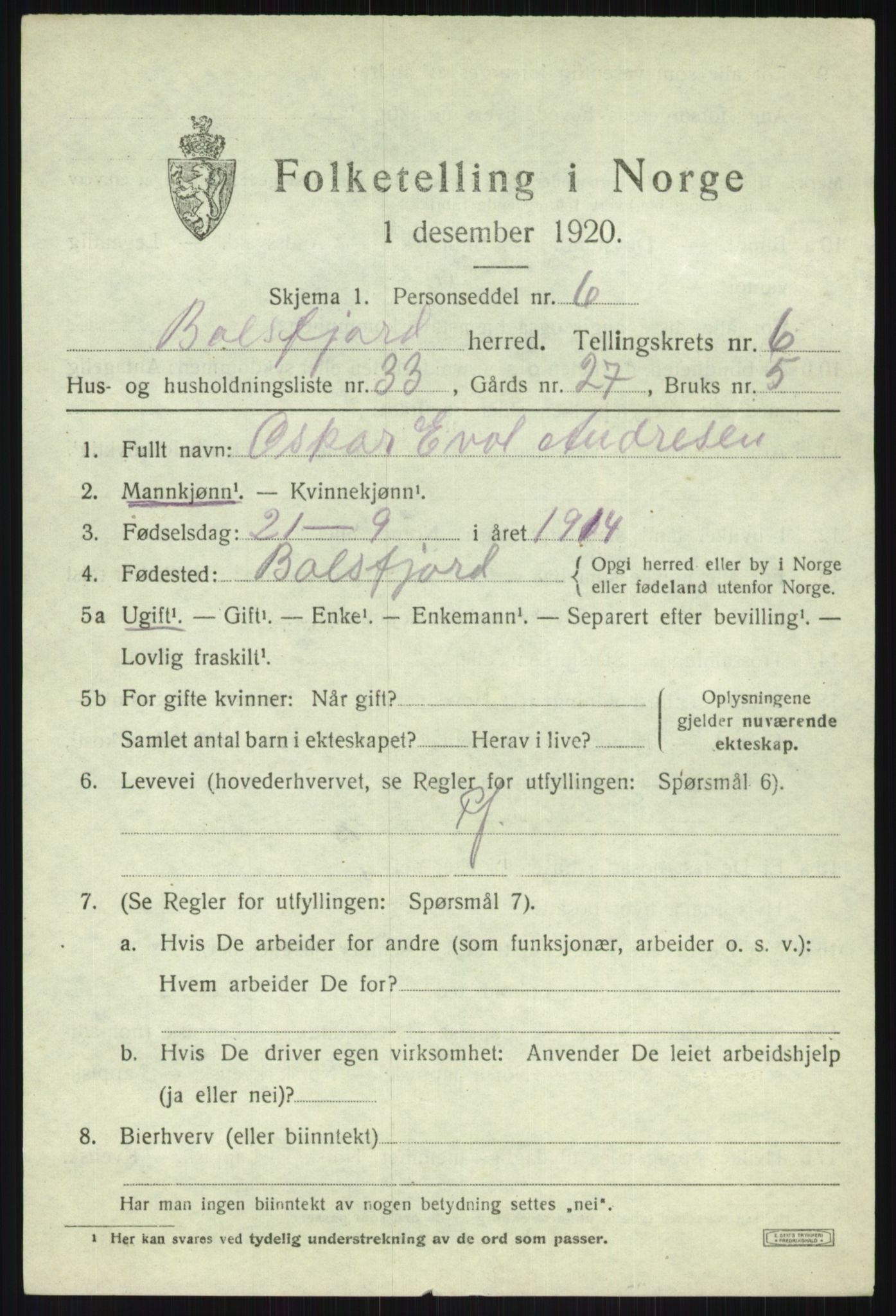 SATØ, 1920 census for Balsfjord, 1920, p. 4148