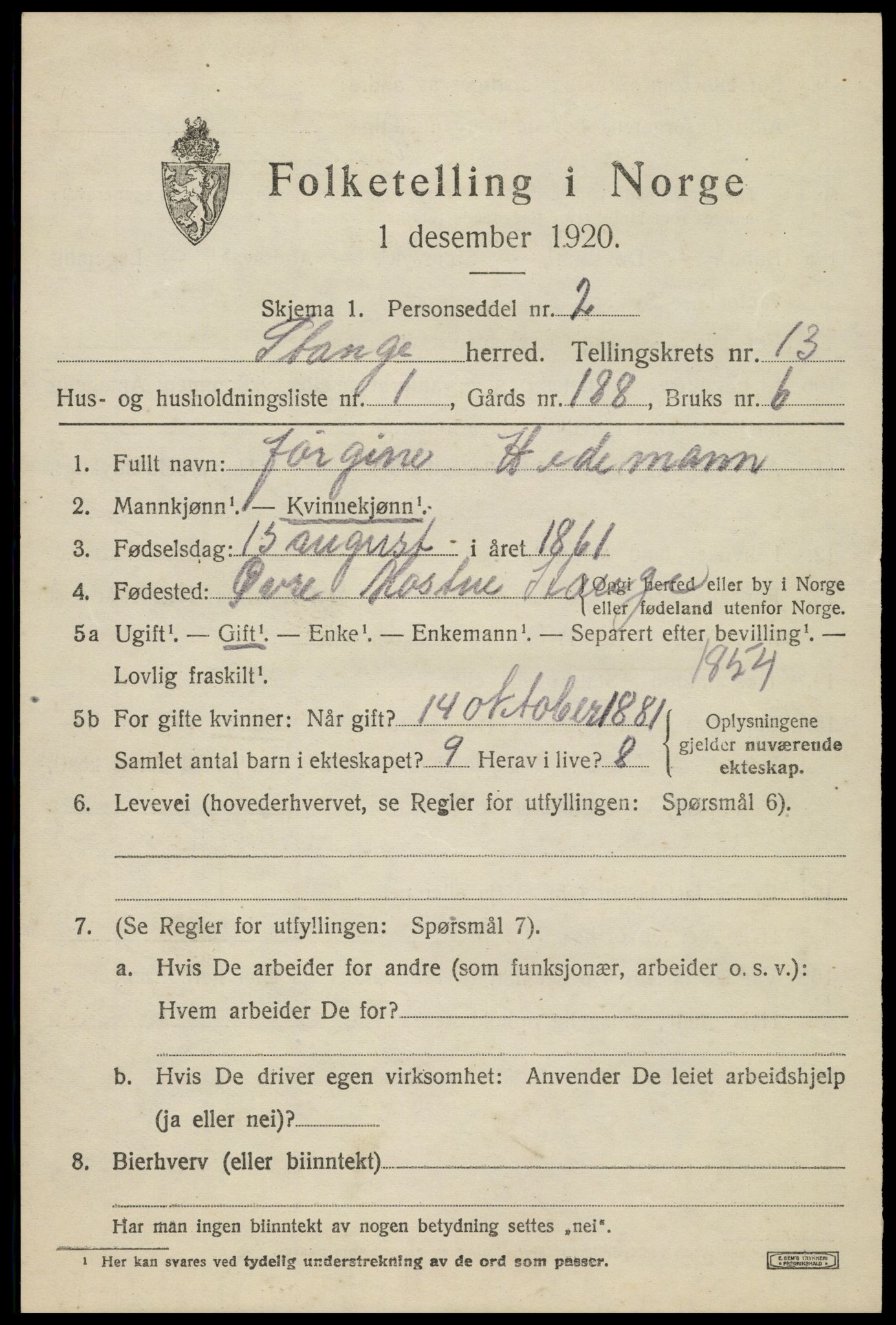 SAH, 1920 census for Stange, 1920, p. 19407