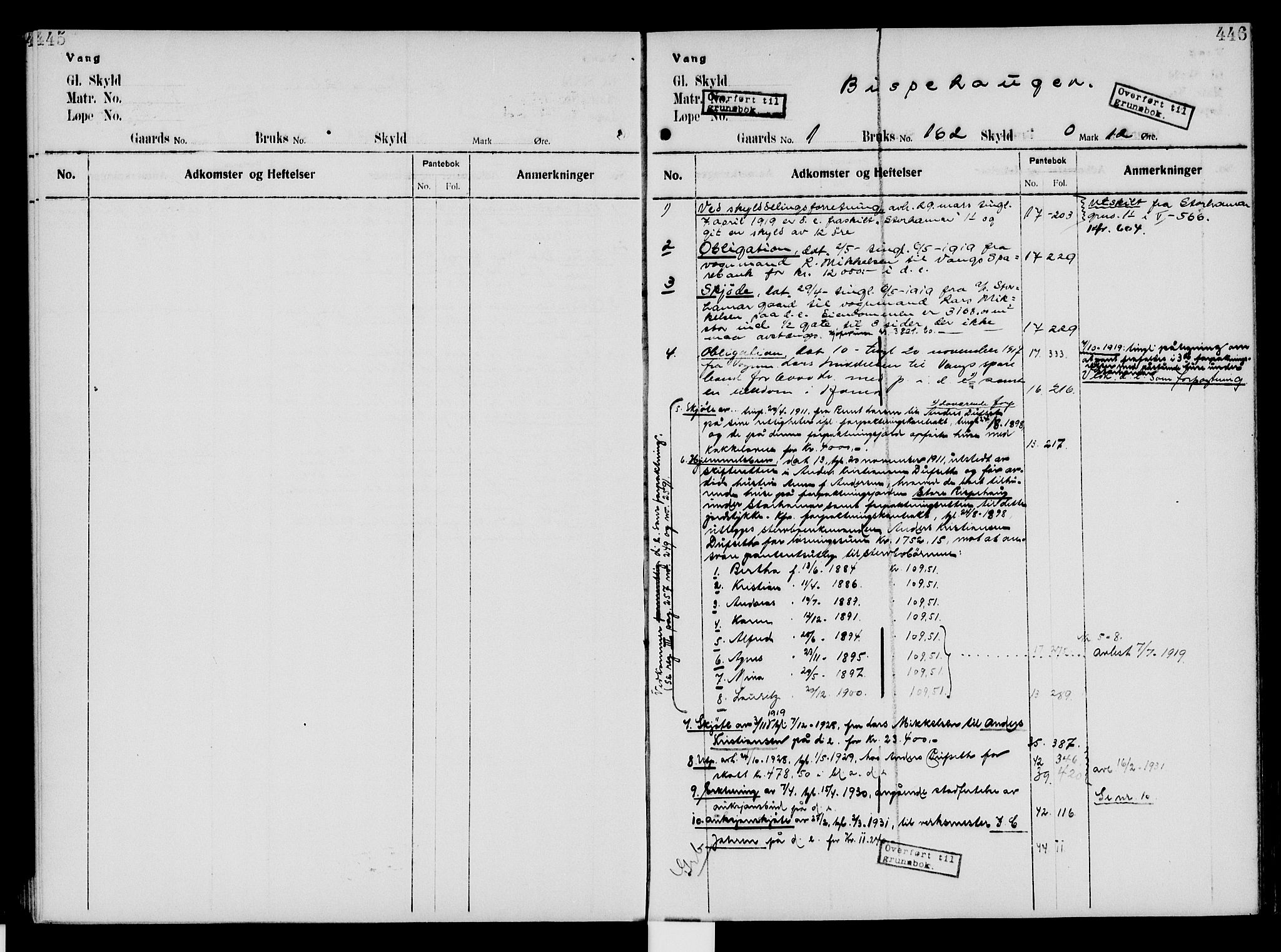 Nord-Hedmark sorenskriveri, SAH/TING-012/H/Ha/Had/Hade/L0005: Mortgage register no. 4.5, 1916-1940, p. 445-446