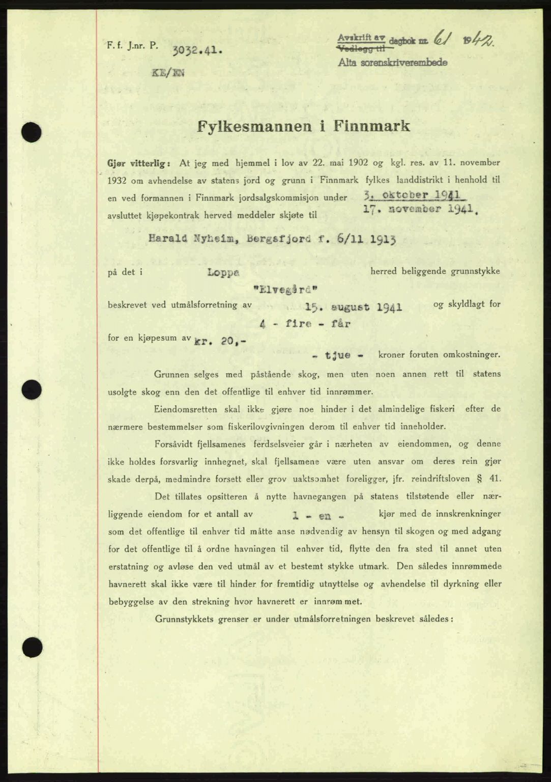 Alta fogderi/sorenskriveri, SATØ/SATØ-5/1/K/Kd/L0033pantebok: Mortgage book no. 33, 1940-1943, Diary no: : 61/1942