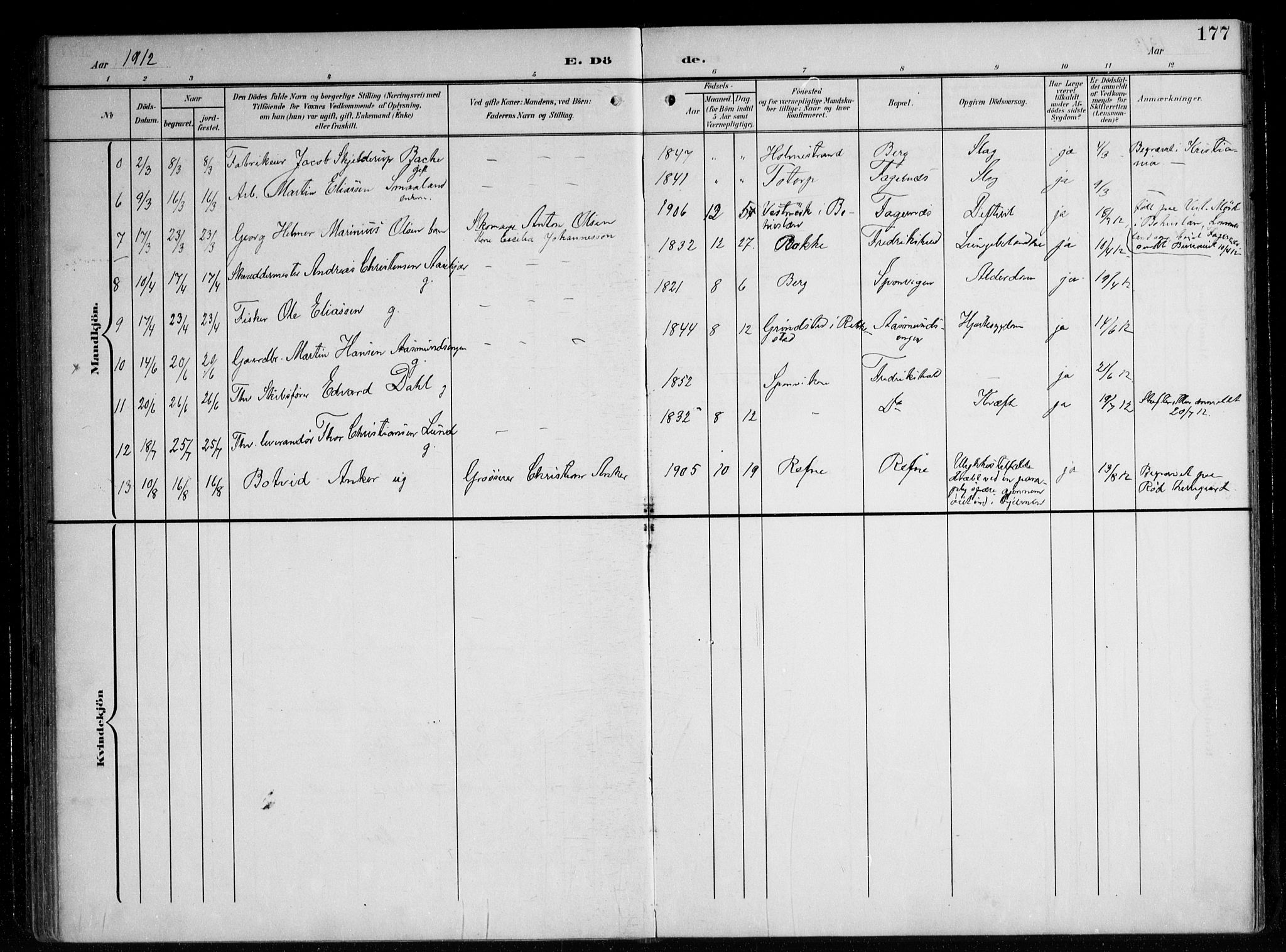 Berg prestekontor Kirkebøker, AV/SAO-A-10902/F/Fa/L0008: Parish register (official) no. I 8, 1902-1920, p. 177