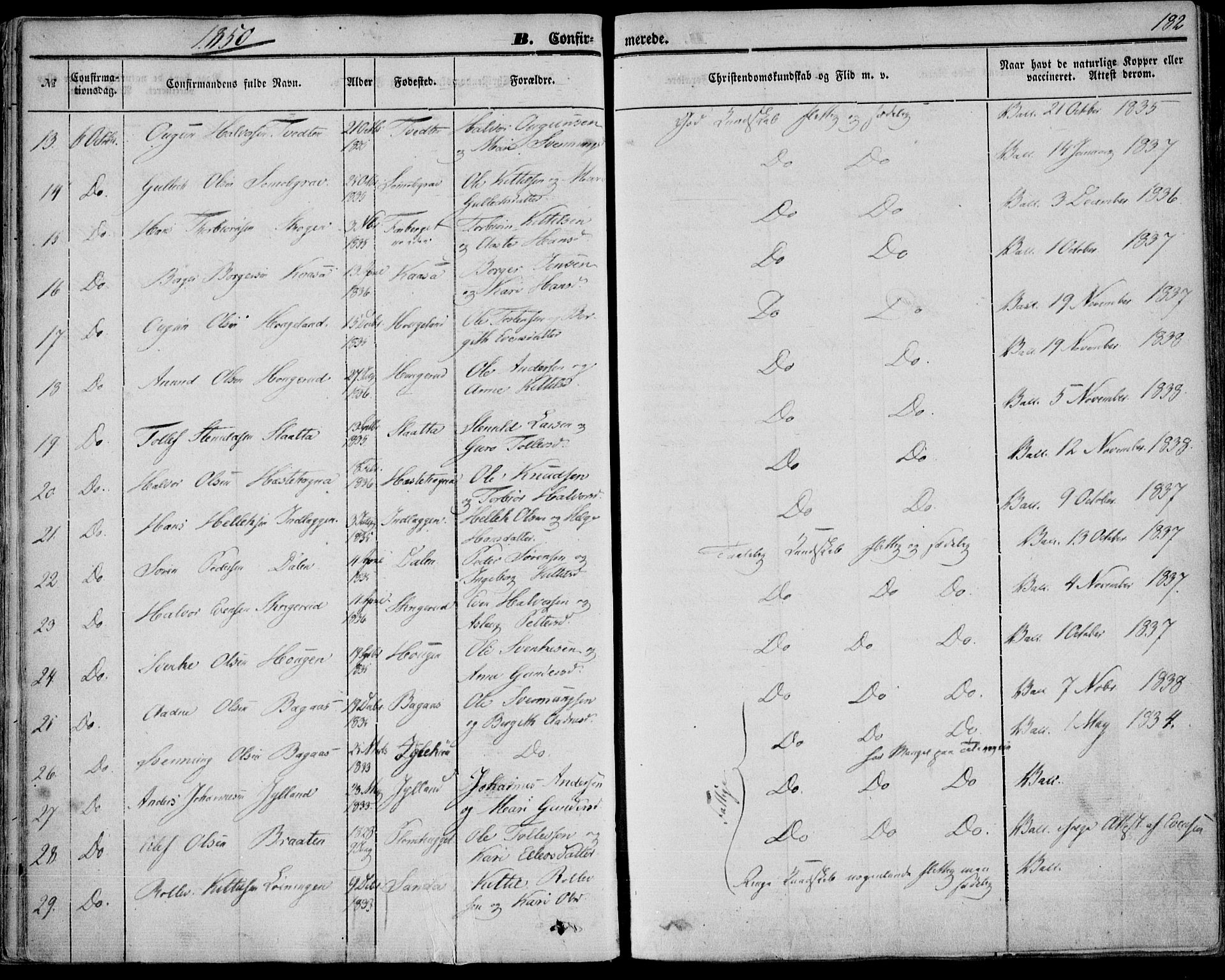 Bø kirkebøker, SAKO/A-257/F/Fa/L0008: Parish register (official) no. 8, 1849-1861, p. 182