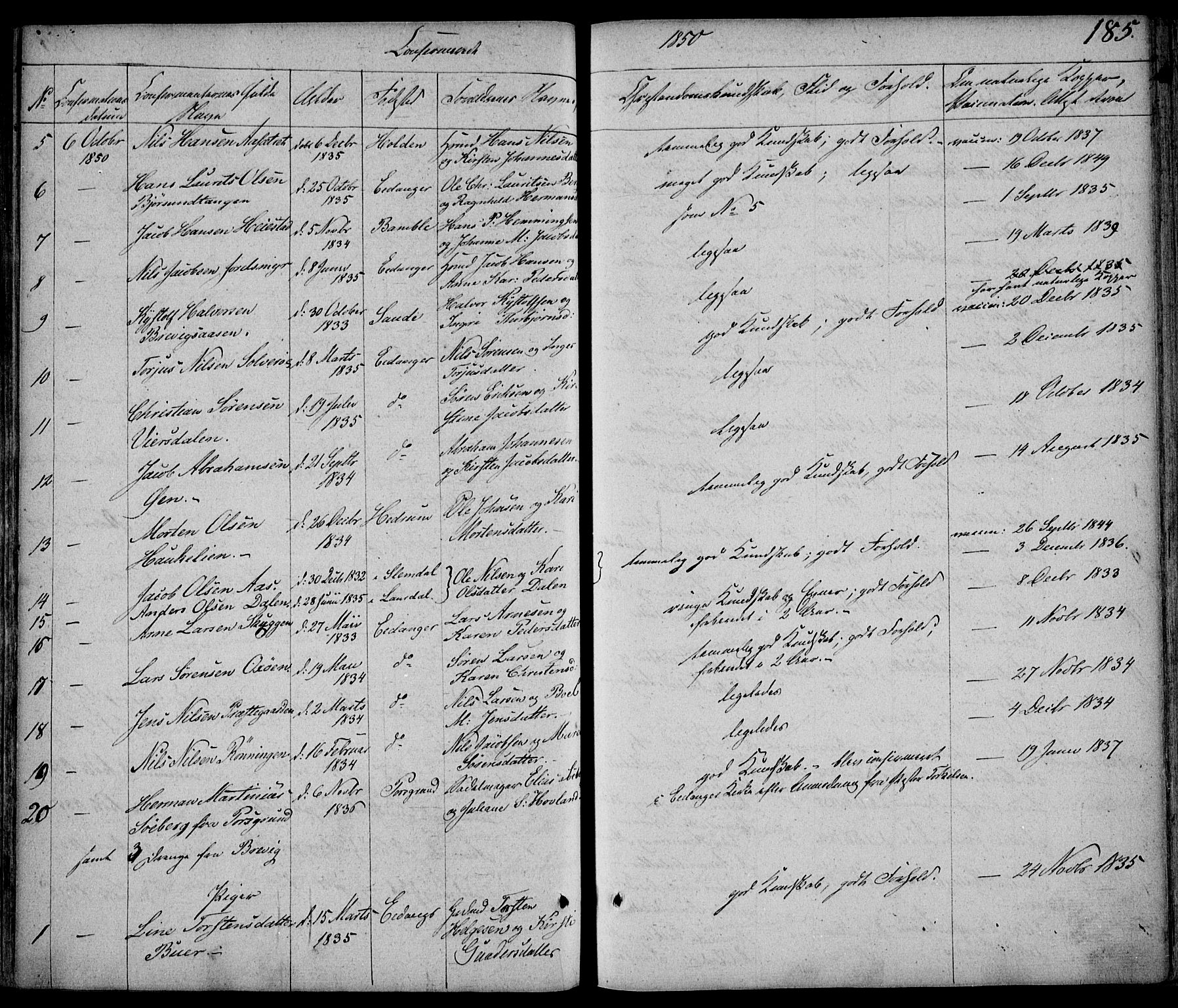 Eidanger kirkebøker, AV/SAKO-A-261/F/Fa/L0008: Parish register (official) no. 8, 1831-1858, p. 185