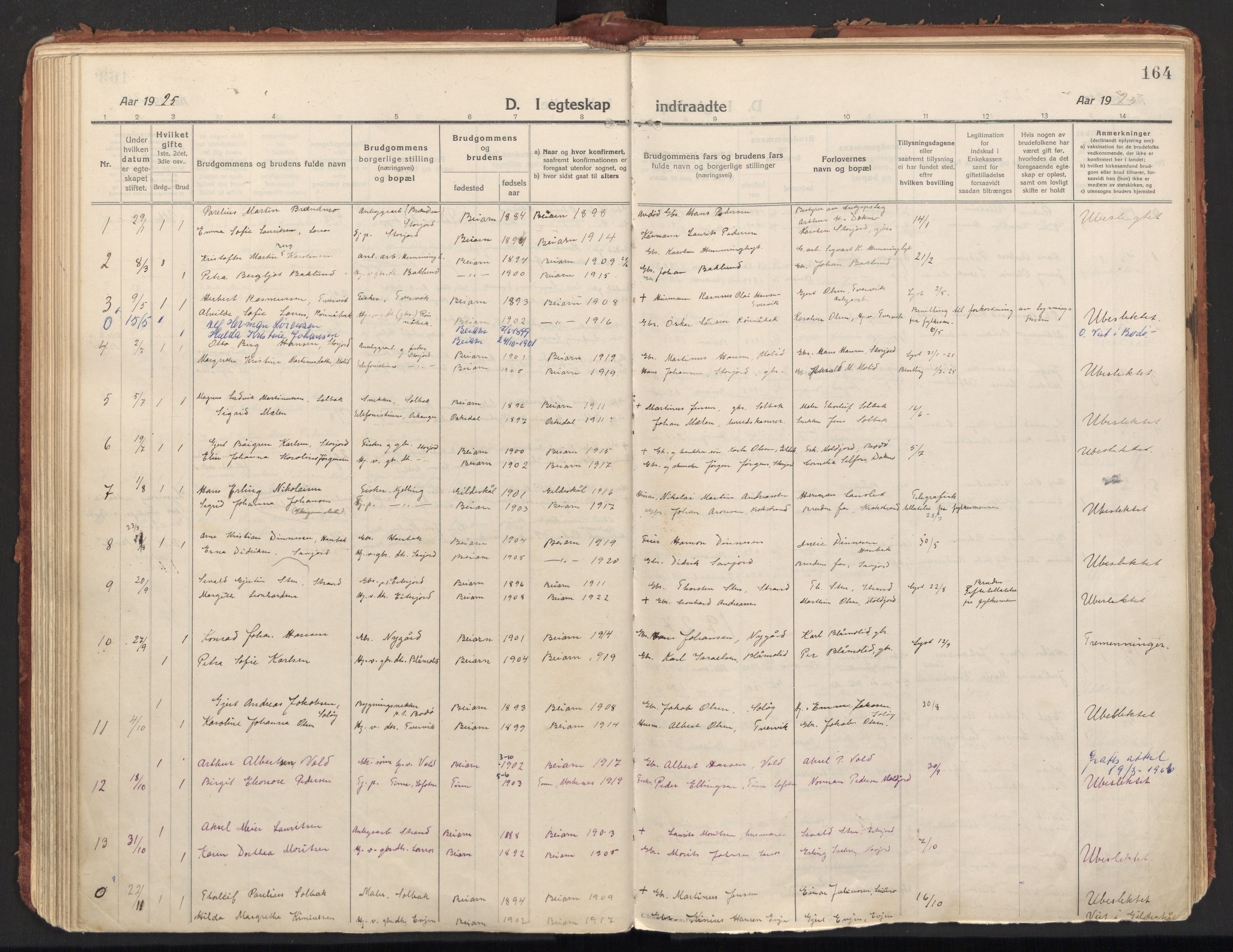 Ministerialprotokoller, klokkerbøker og fødselsregistre - Nordland, SAT/A-1459/846/L0650: Parish register (official) no. 846A08, 1916-1935, p. 164