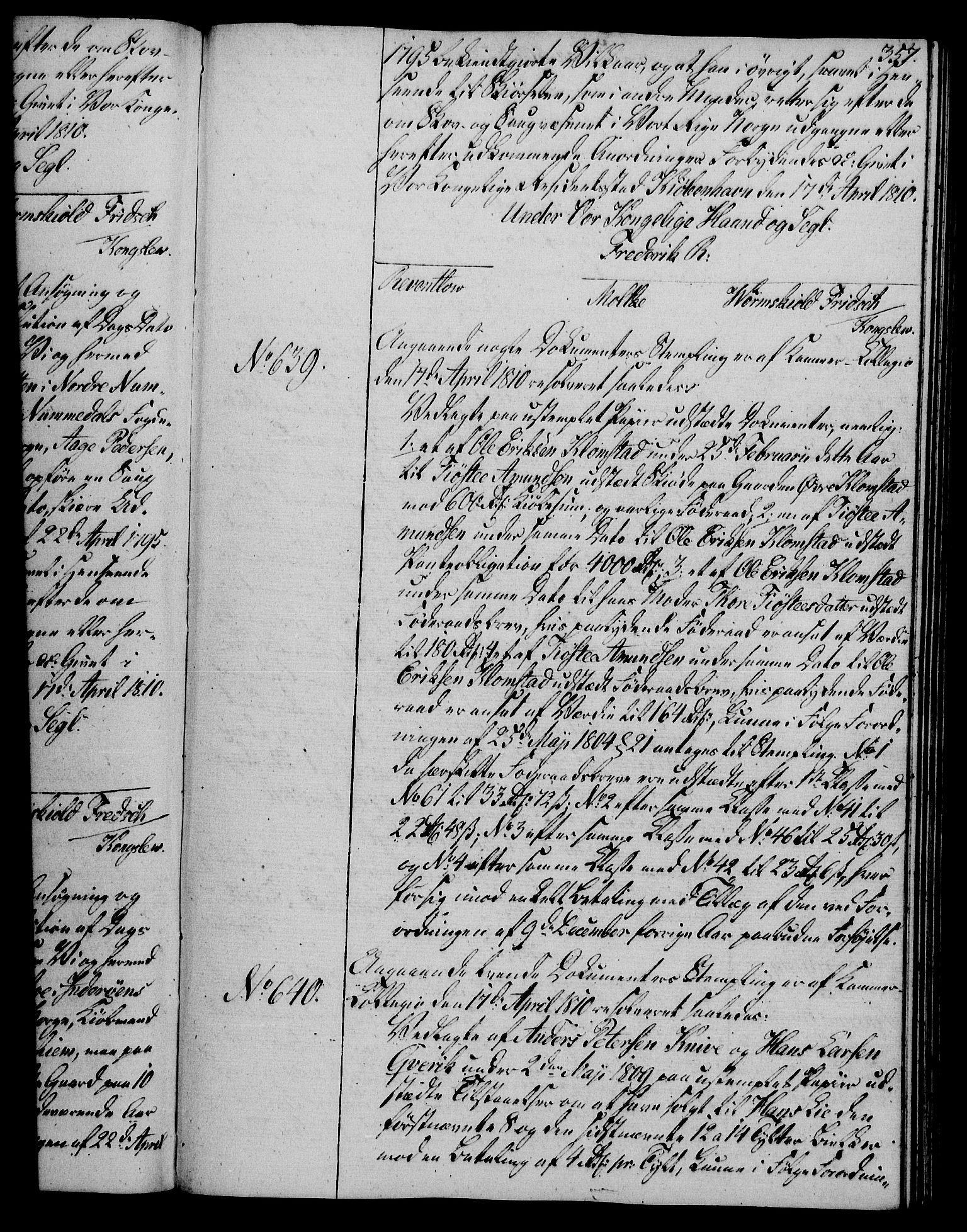 Rentekammeret, Kammerkanselliet, RA/EA-3111/G/Gg/Gga/L0019: Norsk ekspedisjonsprotokoll med register (merket RK 53.19), 1807-1810, p. 357
