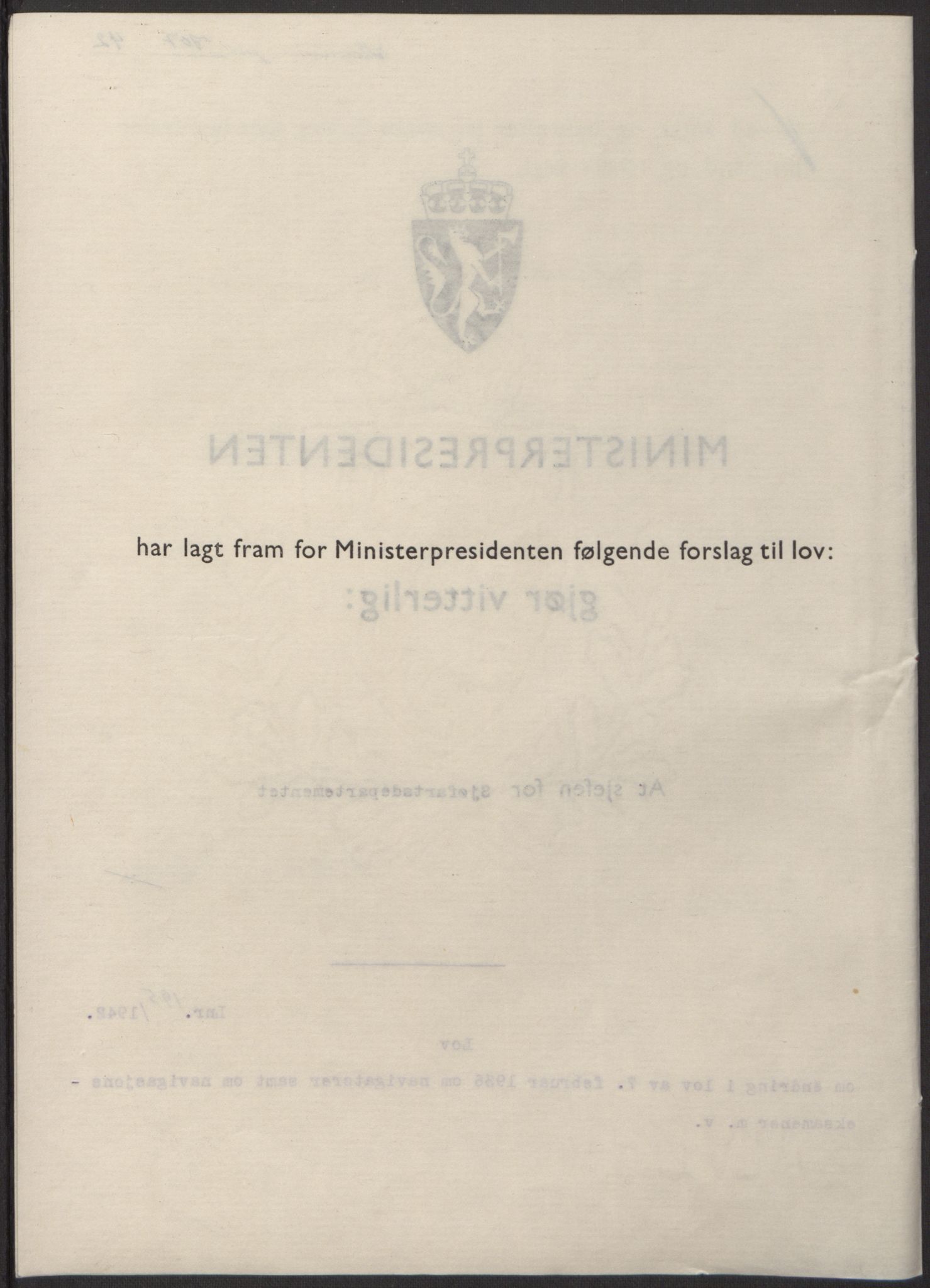NS-administrasjonen 1940-1945 (Statsrådsekretariatet, de kommisariske statsråder mm), RA/S-4279/D/Db/L0098: Lover II, 1942, p. 401