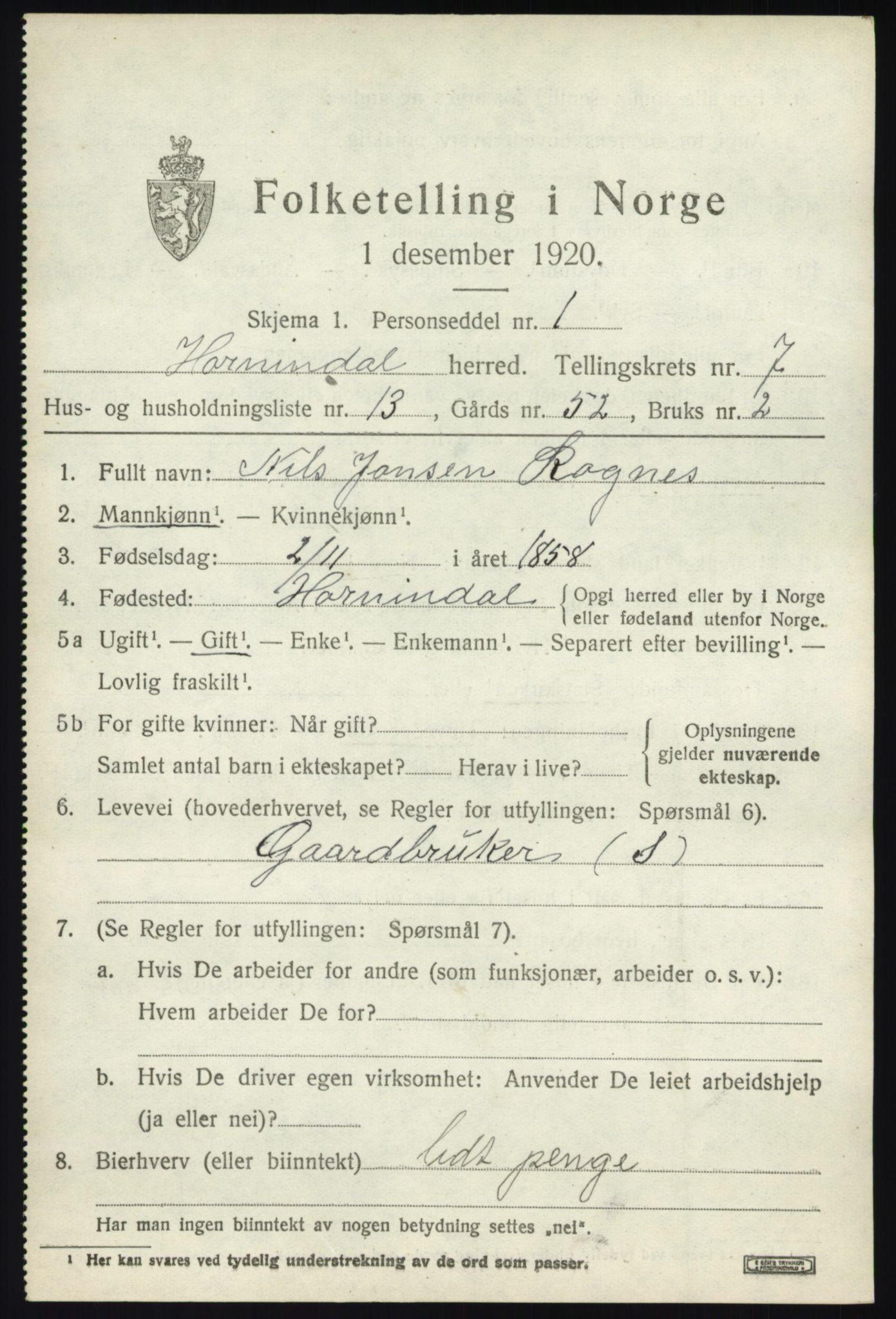 SAB, 1920 census for Hornindal, 1920, p. 3702