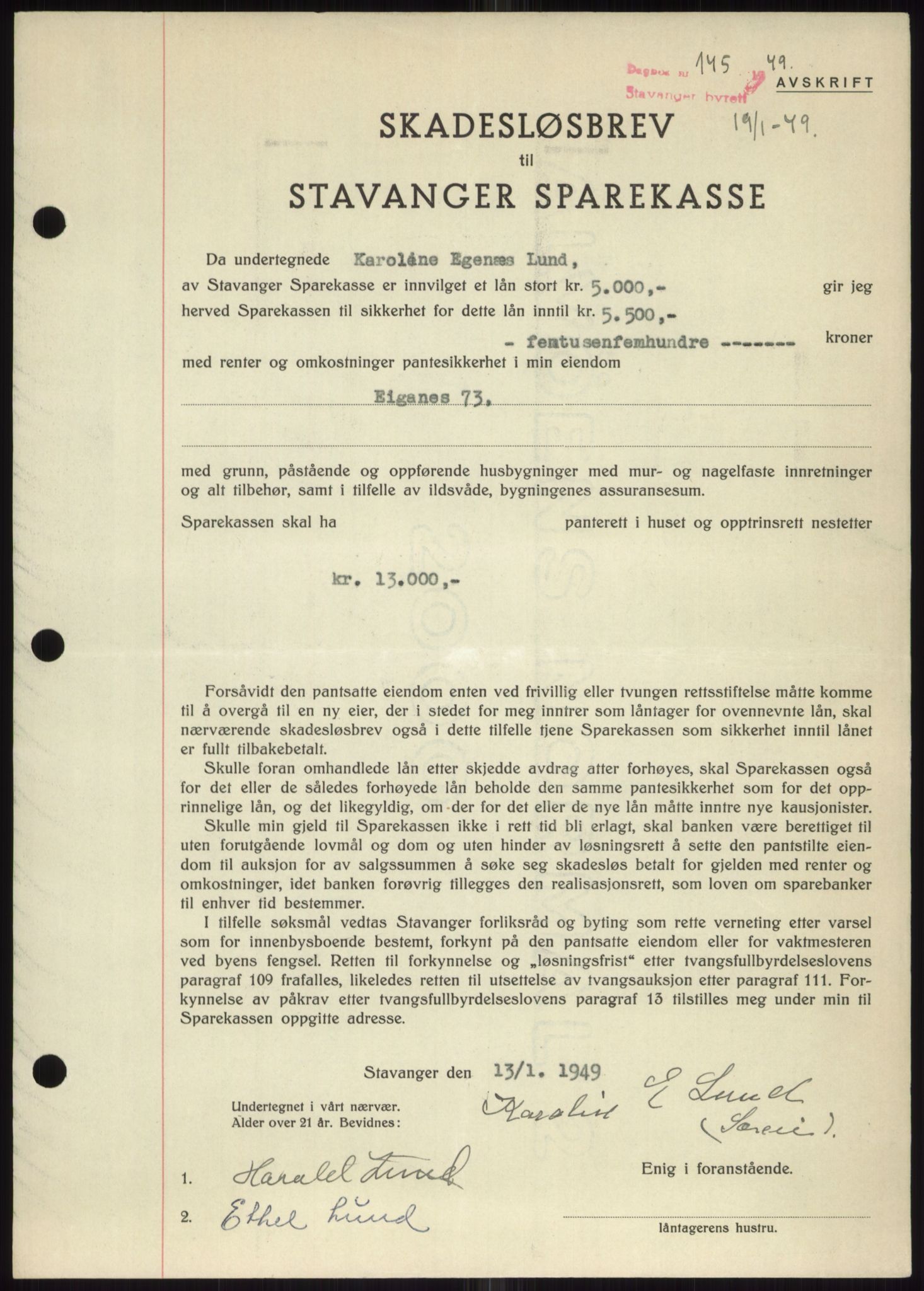 Stavanger byrett, SAST/A-100455/002/G/Gb/L0032: Mortgage book, 1947-1950, Diary no: : 145/1949