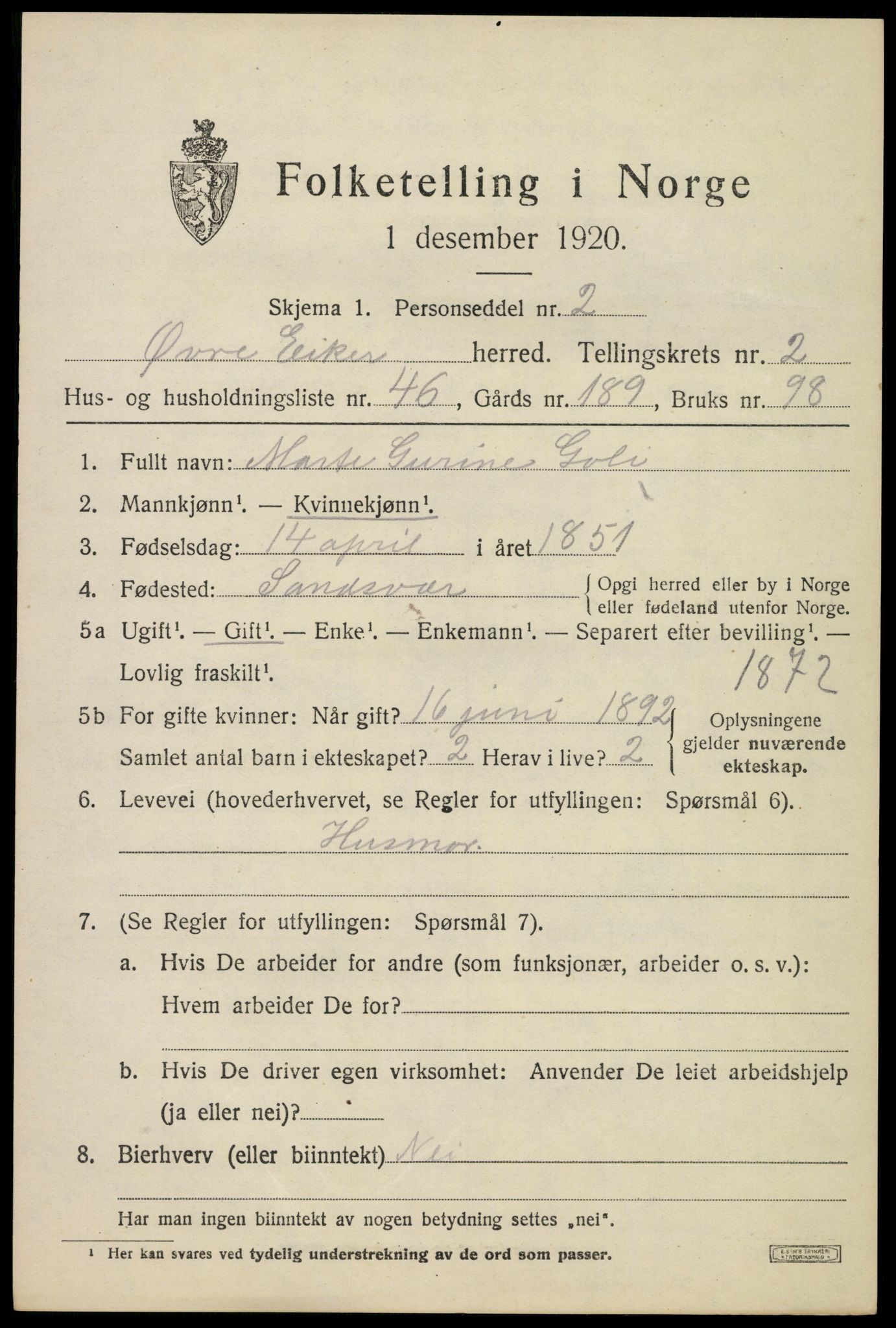 SAKO, 1920 census for Øvre Eiker, 1920, p. 7132