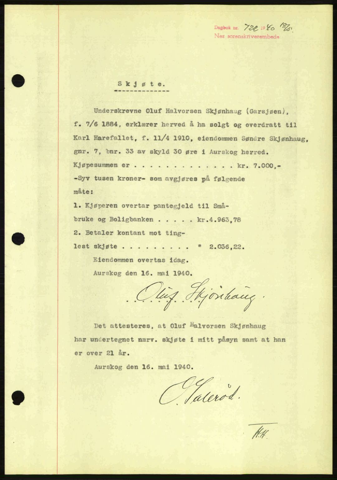 Nes tingrett, SAO/A-10548/G/Gb/Gbb/L0010: Mortgage book no. 54, 1939-1940, Diary no: : 722/1940