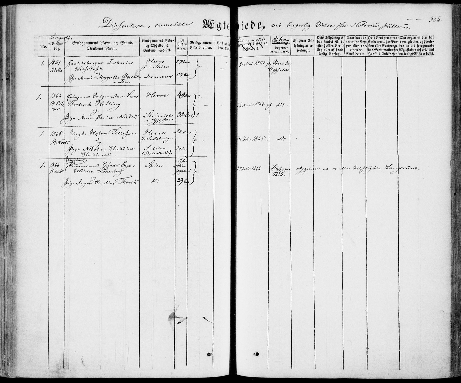 Bamble kirkebøker, SAKO/A-253/F/Fa/L0005: Parish register (official) no. I 5, 1854-1869, p. 336