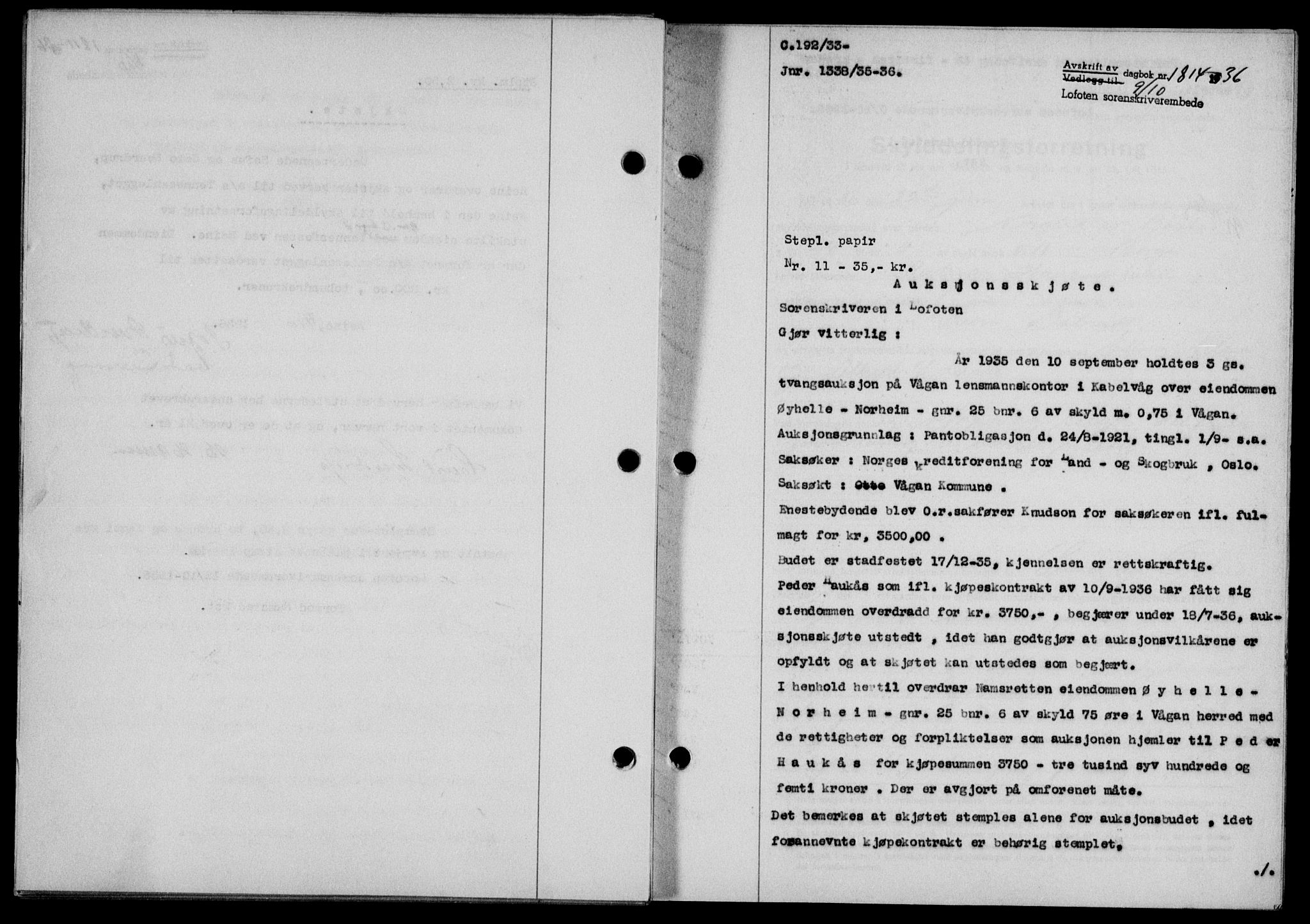 Lofoten sorenskriveri, SAT/A-0017/1/2/2C/L0001a: Mortgage book no. 1a, 1936-1937, Diary no: : 1814/1936