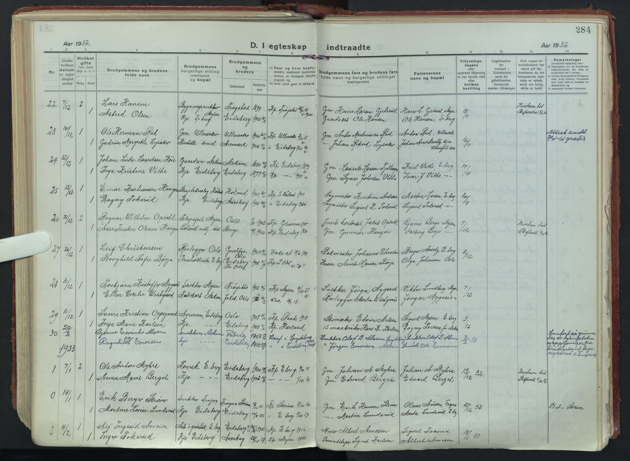 Eidsberg prestekontor Kirkebøker, SAO/A-10905/F/Fa/L0015: Parish register (official) no. I 15, 1920-1937, p. 284