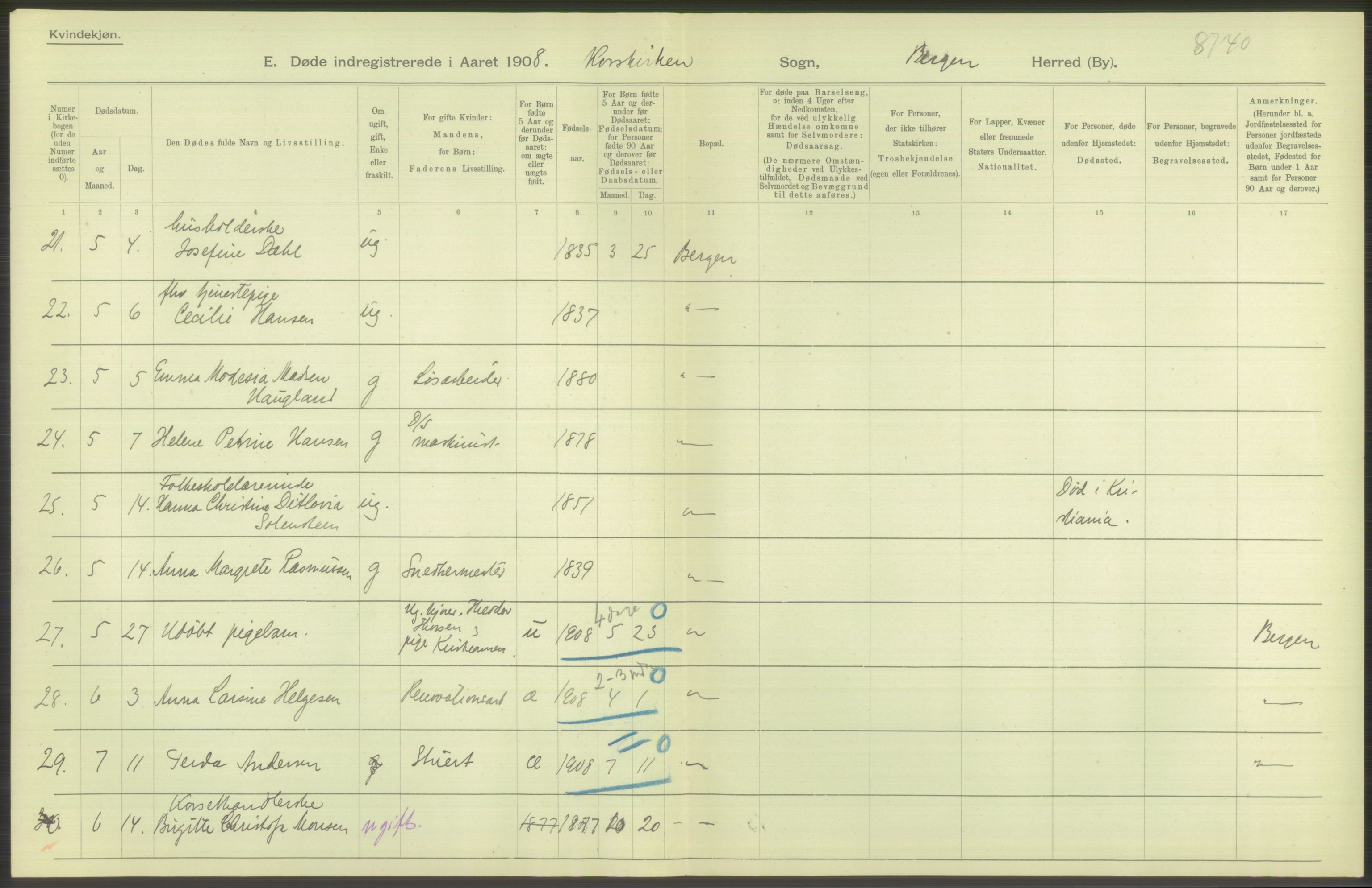 Statistisk sentralbyrå, Sosiodemografiske emner, Befolkning, AV/RA-S-2228/D/Df/Dfa/Dfaf/L0031: Bergen: Gifte, døde, dødfødte., 1908, p. 86