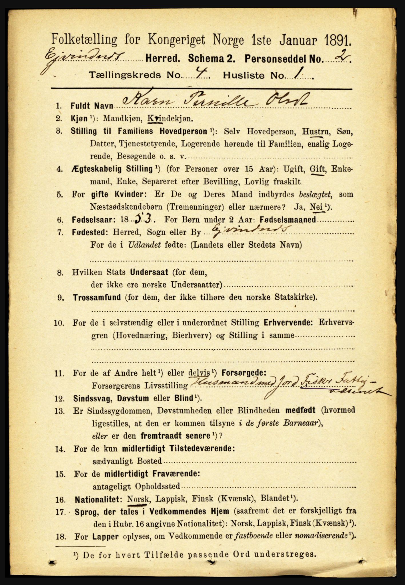 RA, 1891 census for 1853 Evenes, 1891, p. 1227