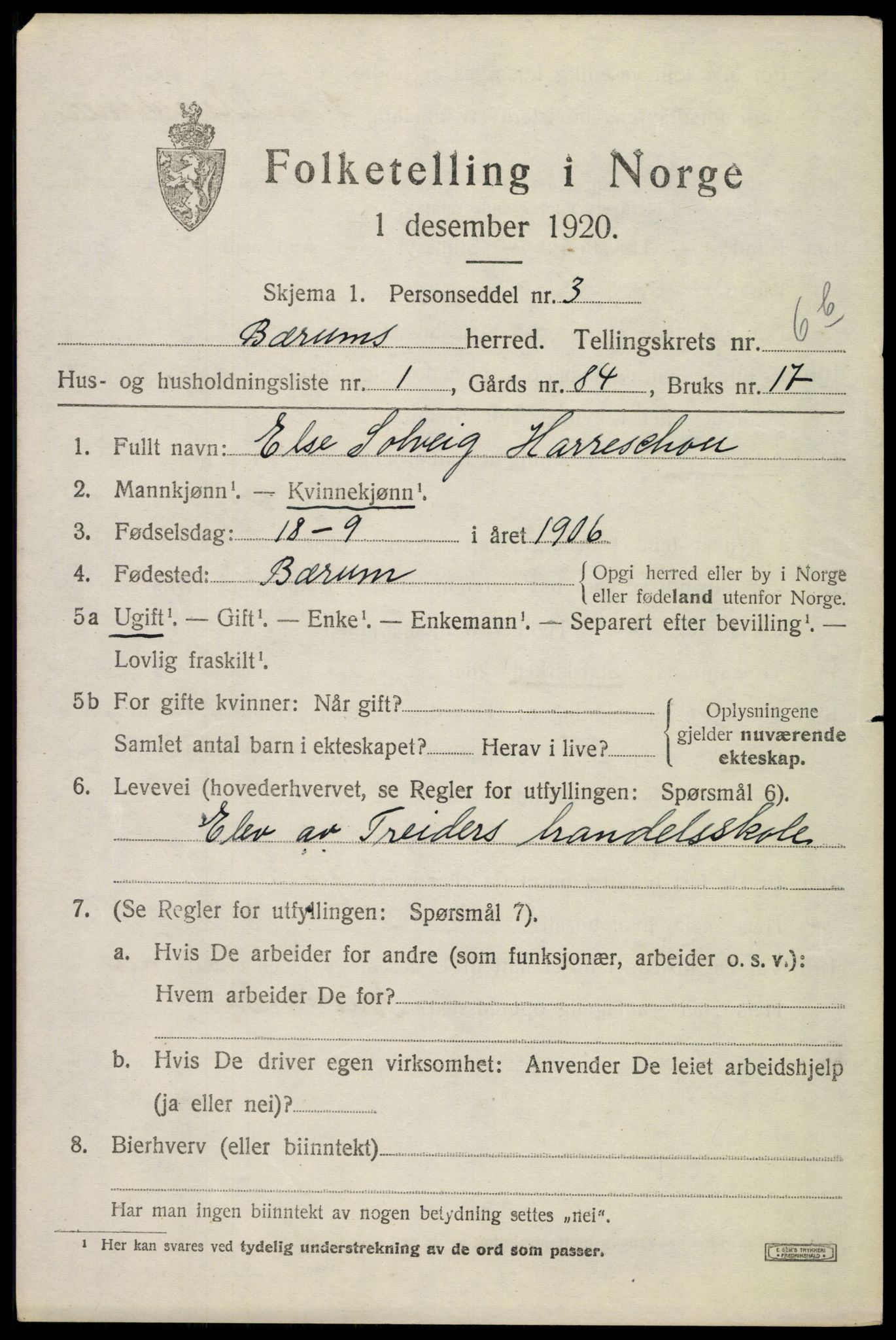 SAO, 1920 census for Bærum, 1920, p. 13996
