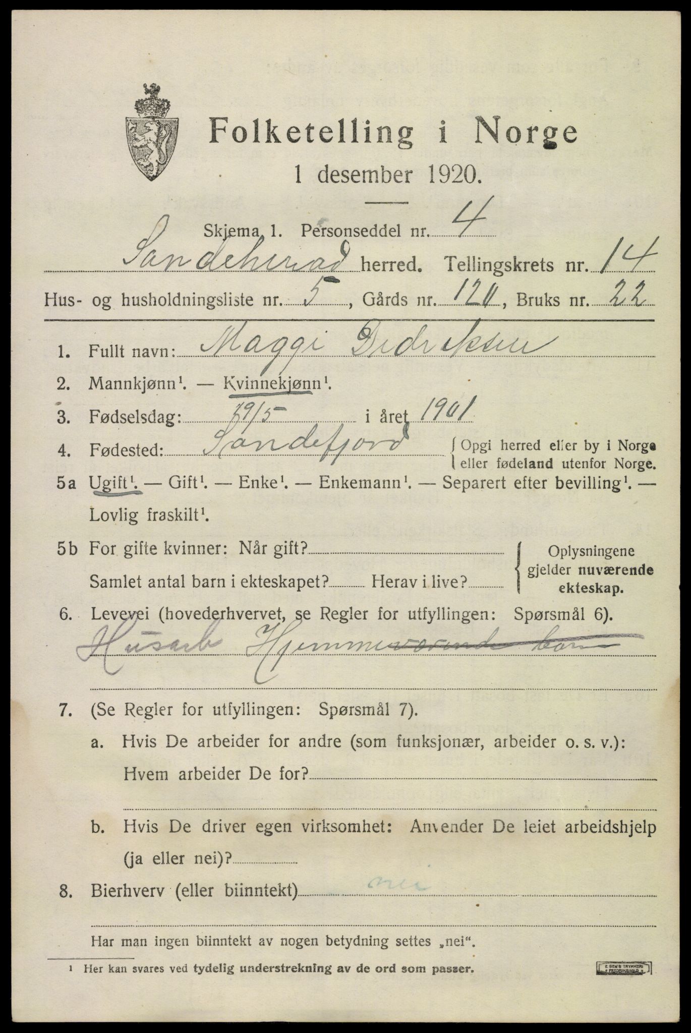 SAKO, 1920 census for Sandeherred, 1920, p. 20238