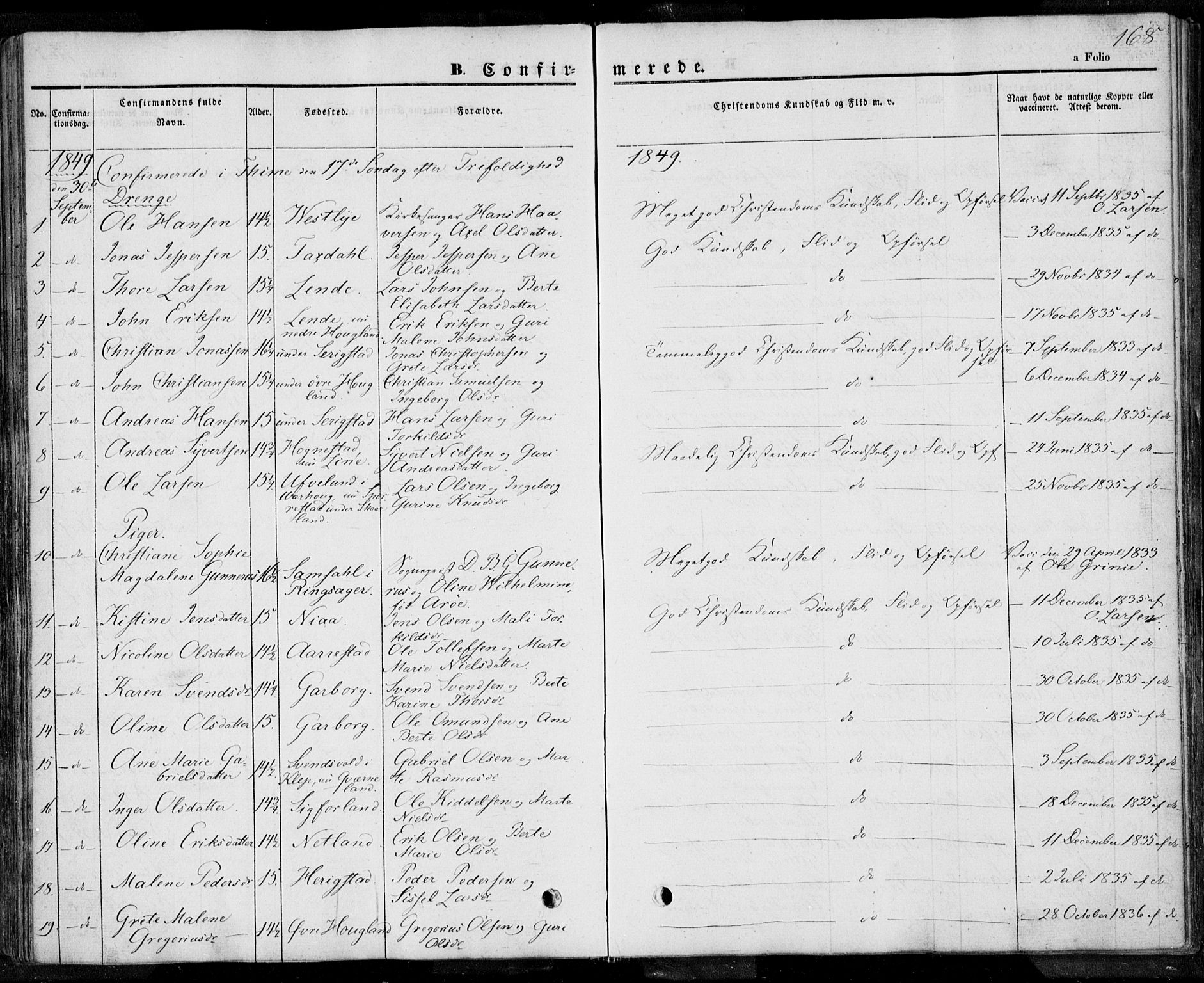 Lye sokneprestkontor, SAST/A-101794/001/30BA/L0005: Parish register (official) no. A 5.1, 1842-1855, p. 168