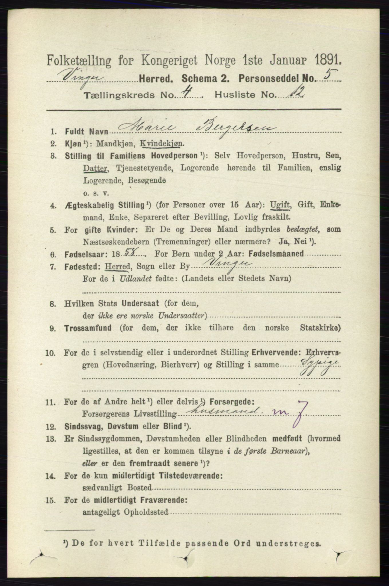 RA, 1891 census for 0421 Vinger, 1891, p. 1705