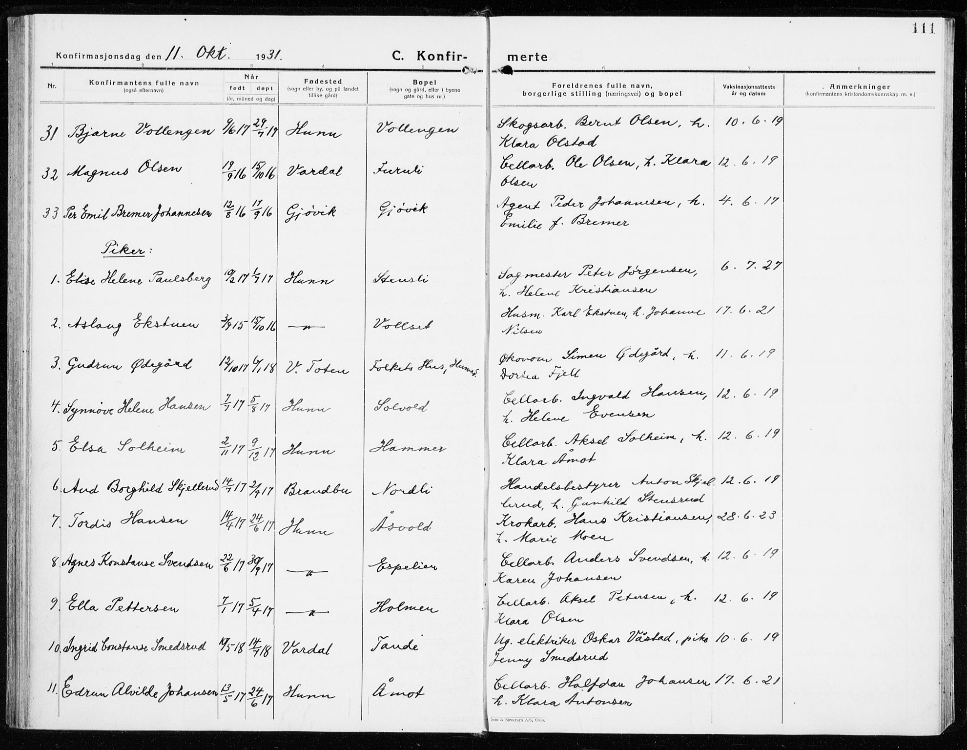 Vardal prestekontor, AV/SAH-PREST-100/H/Ha/Haa/L0018: Parish register (official) no. 18, 1930-1945, p. 111